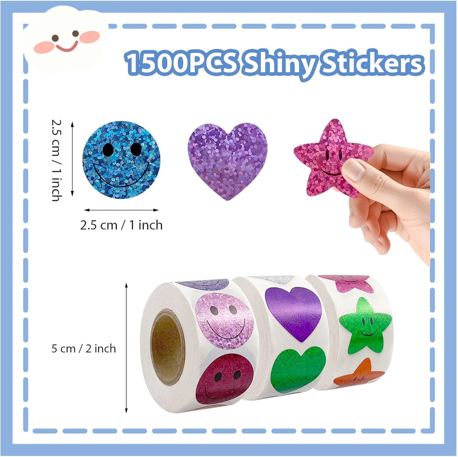 1500 Pcs Glitter Smiley Face Star Stickers,3 Rolls Self Adhesive Shiny Cute Stickers, 1 inch Motivational Smiley Face Heart Star Stickers,Colorful Sparkly Foil Reward Stickers Students Teachers