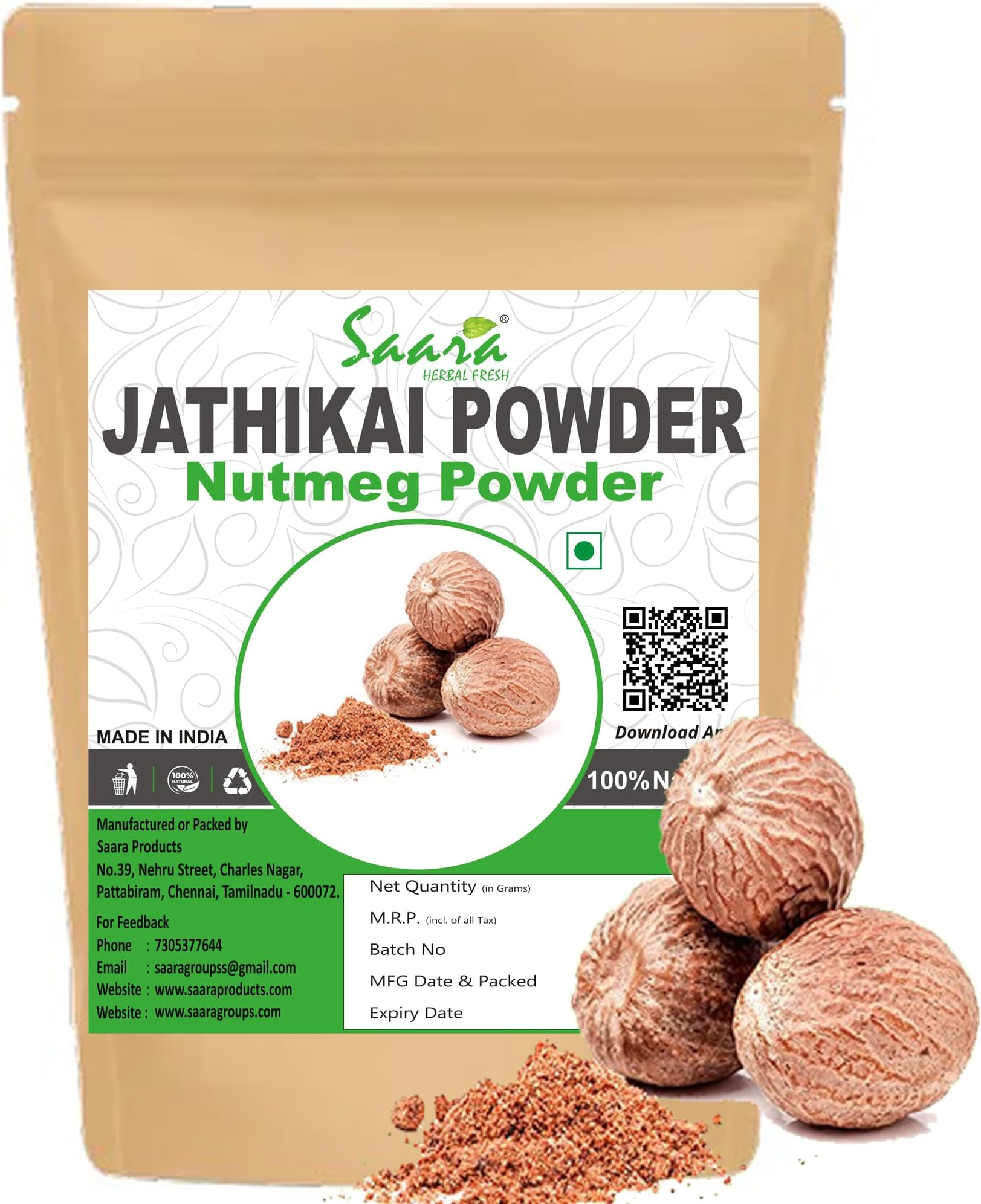 SAARA Jathika Powder | Nutmeg Powder | Jaiphal Powder | Fine Ground | Freshly Packaged Powder, 25gm