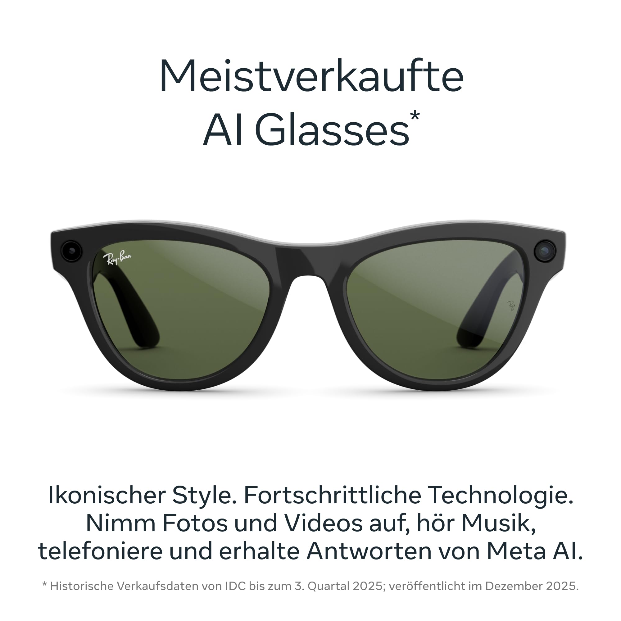 Ray-Ban Meta (Gen 2) Skyler KI-Brille für Herren, Damen — 12 MP Ultra-Weitwinkel-Kamera, 3K Ultra HD Video, Open-Ear Audio, Meta AI — 2X Akkulaufzeit — Glänzend Schwarz / G15 Grüne Gläser