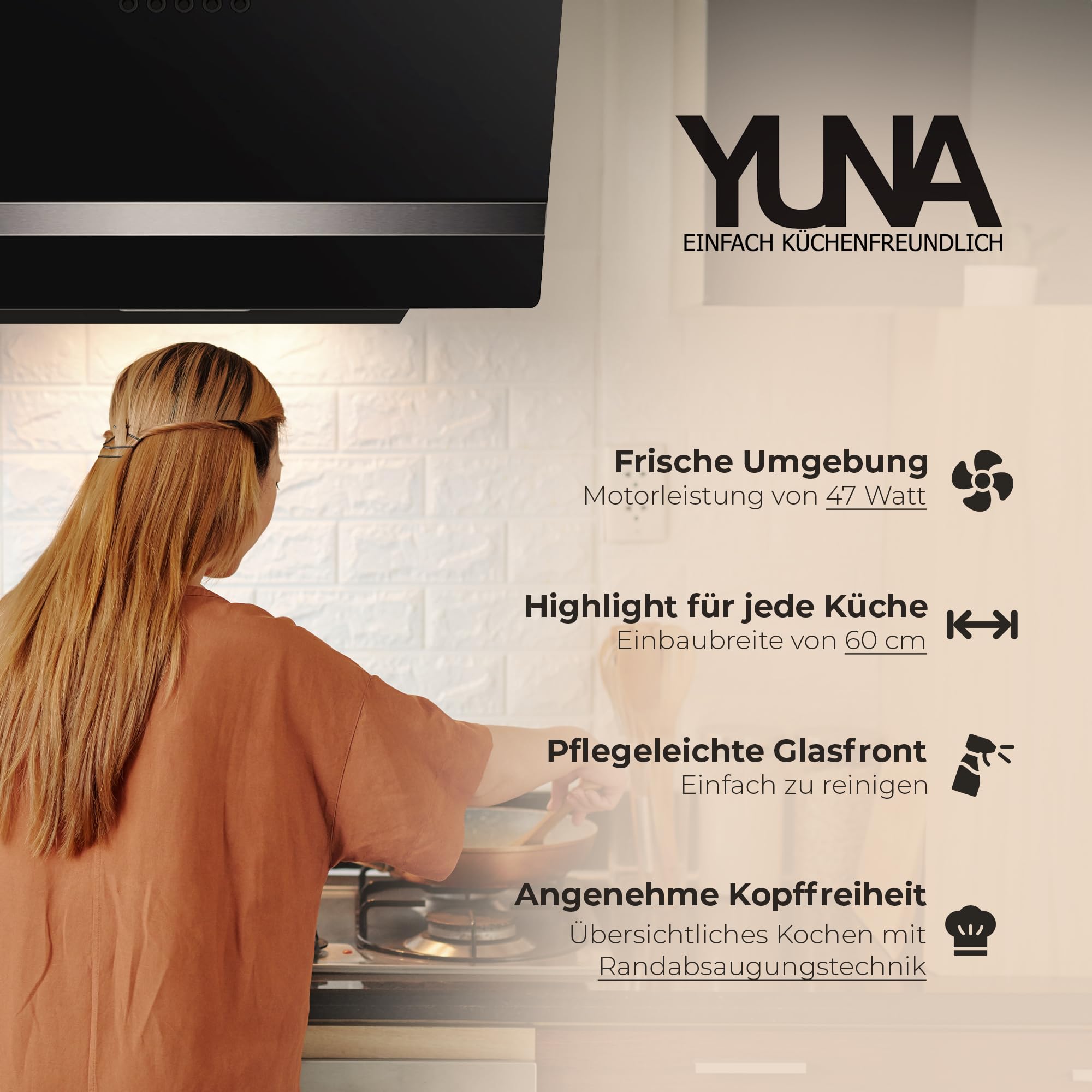 YUNA Dunstabzugshaube DURESA 60 cm Schwarz Glasfront 3 Leistungsstufen 47W Motorleistung Energieeffizienz A Abluft Umluft Kopffrei LED Beleuchtung Ohne Kohlefilter Wandhaube