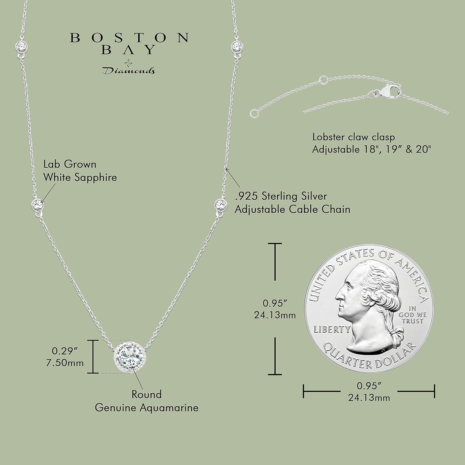 Boston Bay Diamonds 925 Sterling Silver Birthstone Gemstone & Lab-Grown White Sapphire 5 Station Necklace on 20” Adjustable Cable Chain