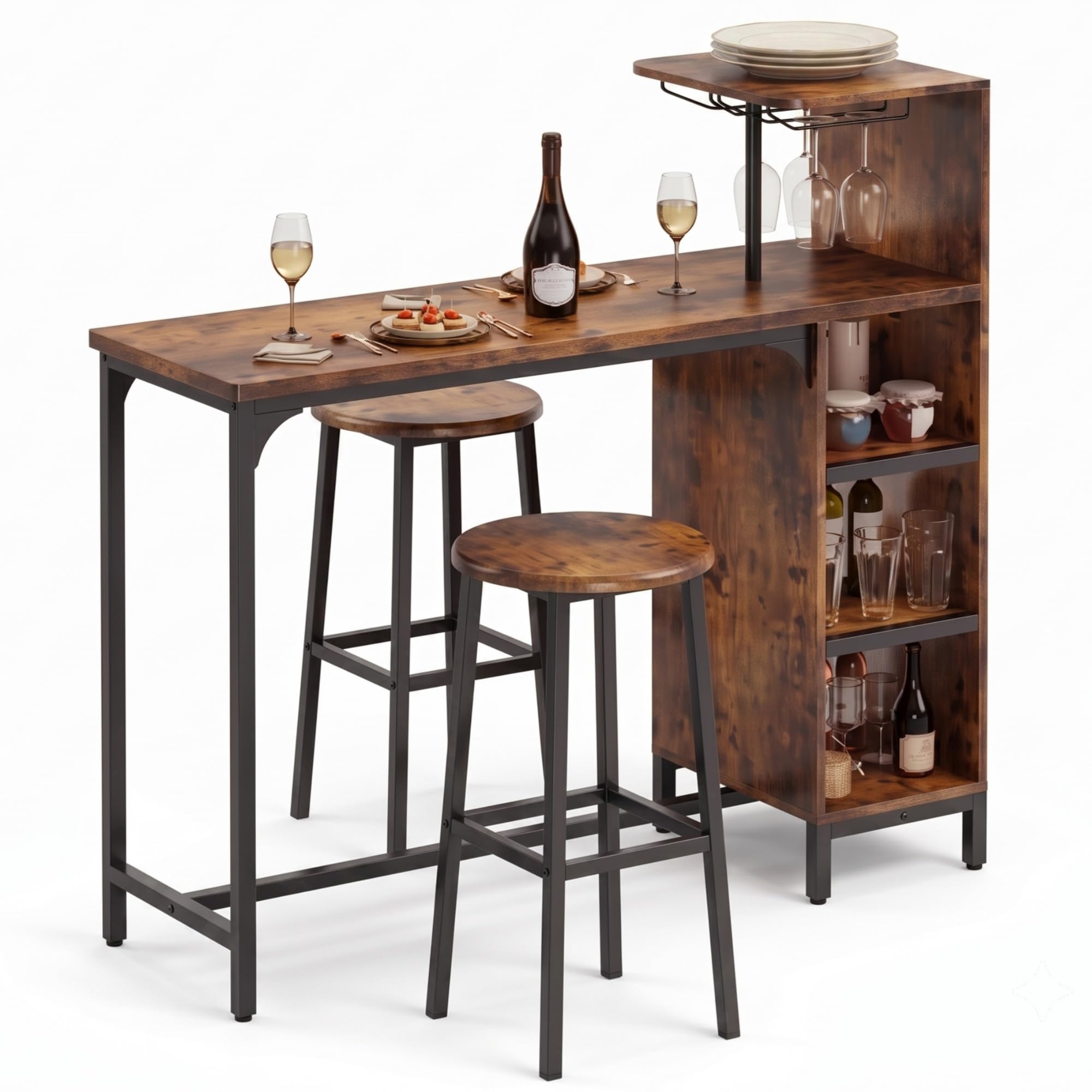 Xbro Bar Table Set with 2 Stools, Industrial Style Bar Table with Glass Holder, Wine Rack, Side Shelves, 120 × 40 × 120 cm, Retro Brown