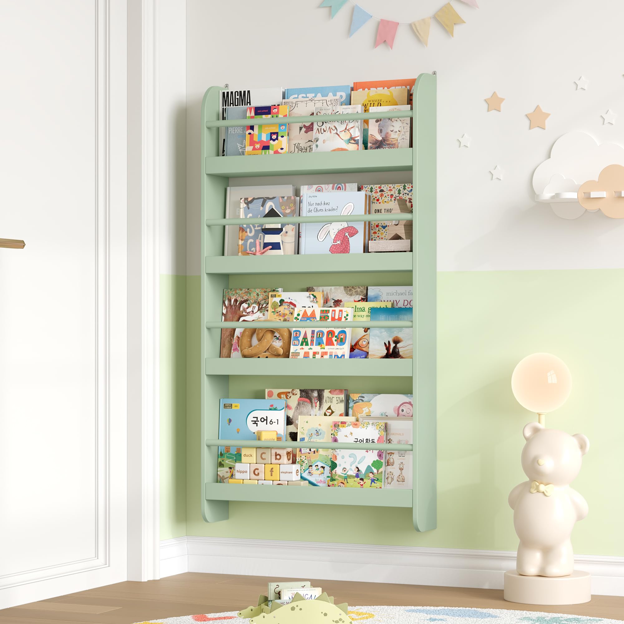 FOREHILL Estantería Infantil Pared, Estantería Infantil Libros, Librería Infantil Montessori, Madera, para Niños, 4 Estantes 111x58x12cm Verde