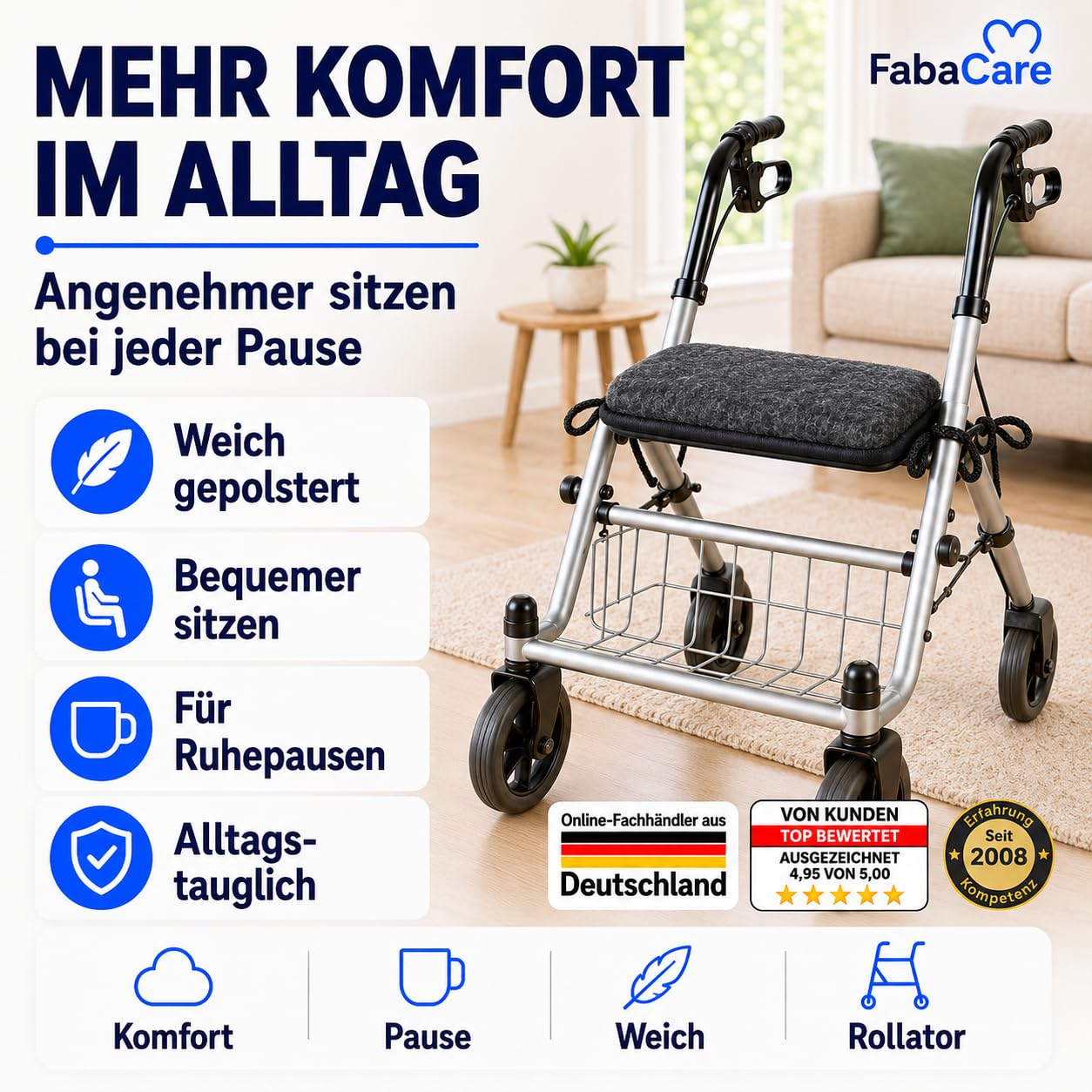 FabaCare Rollator Sitzpolster 40x20 cm Anthrazit | 100 % Schurwolle-Sitzkissen mit 2 Befestigungsbändern, Schaumstoffkern, atmungsaktiv, bequem & bei 30 °C waschbar