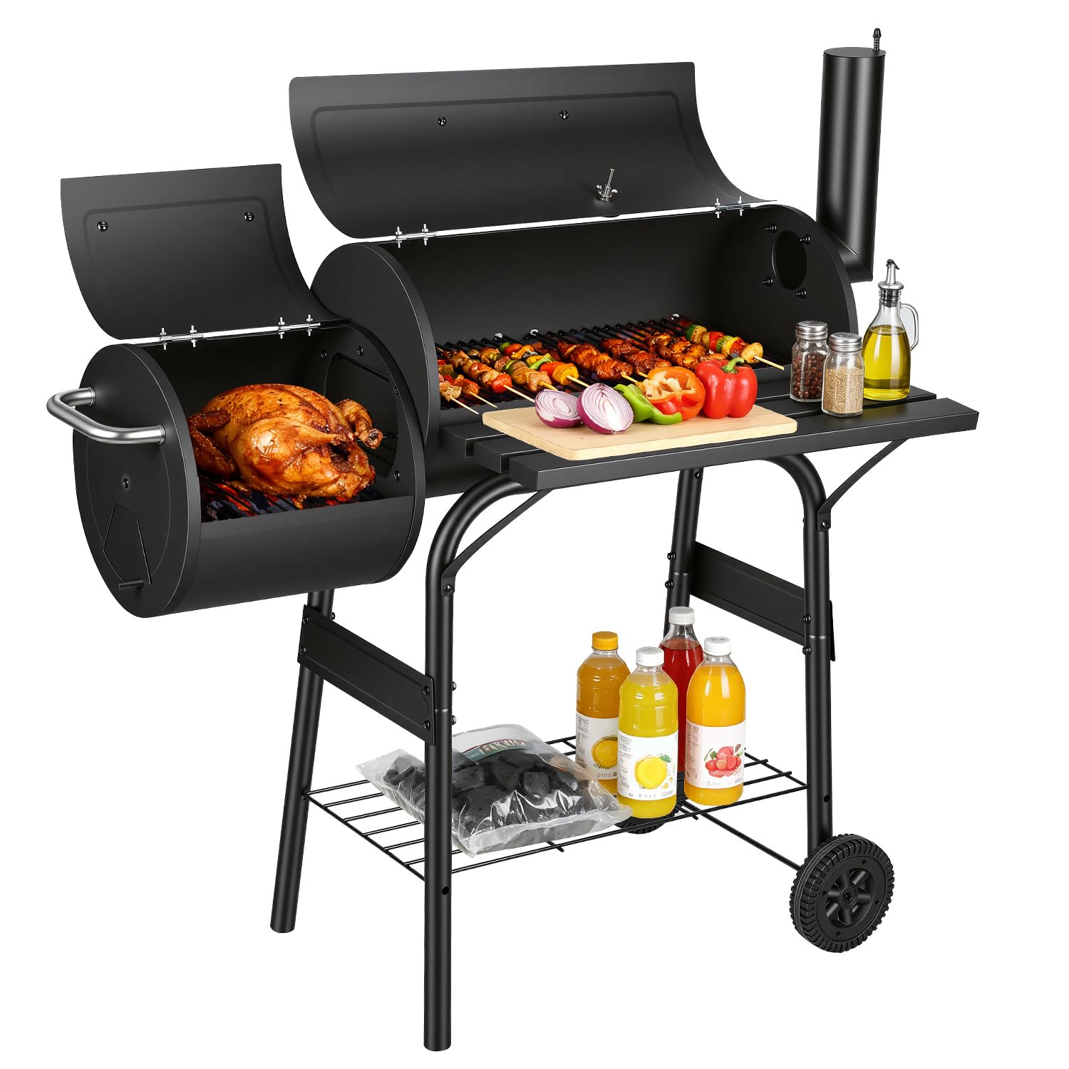 Grill na węgiel drzewny z 2 komorami do grillowania, termometrem i regulowanym kominkiem, na kółkach, półkami, do bezpośredniego grillowania, pośredniego gotowania, utrzymywania ciepła i