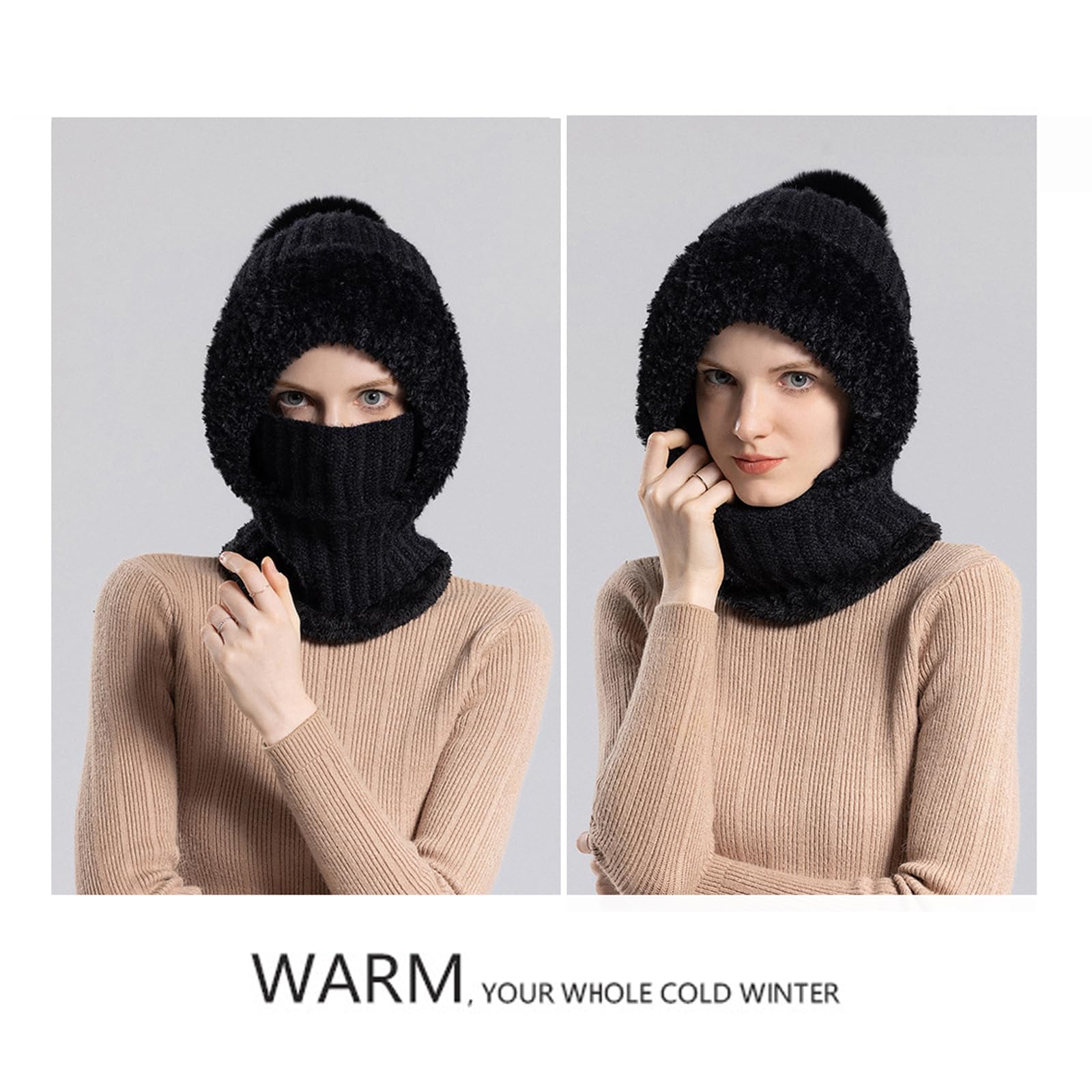 Zaktualizowana wersja Damska czapka zimowa Pom Pom Ski Bobble Cap, z pokrywą szyi Maska na twarz do spacerów na świeżym powietrzu,Black