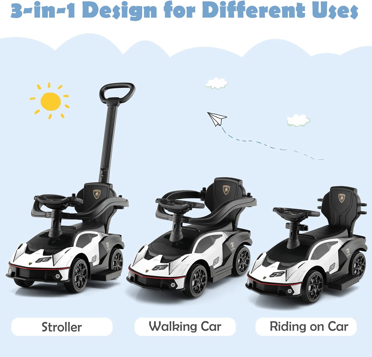 Nightcore 3-in-1 Push Car for Toddlers, Licensed Lamborghini Stroller Sliding Car with Push Handle & Arm Guardrails, Horn, Under Seat Storage, Ride on Kids Toy Car for Boys & Girls (White)