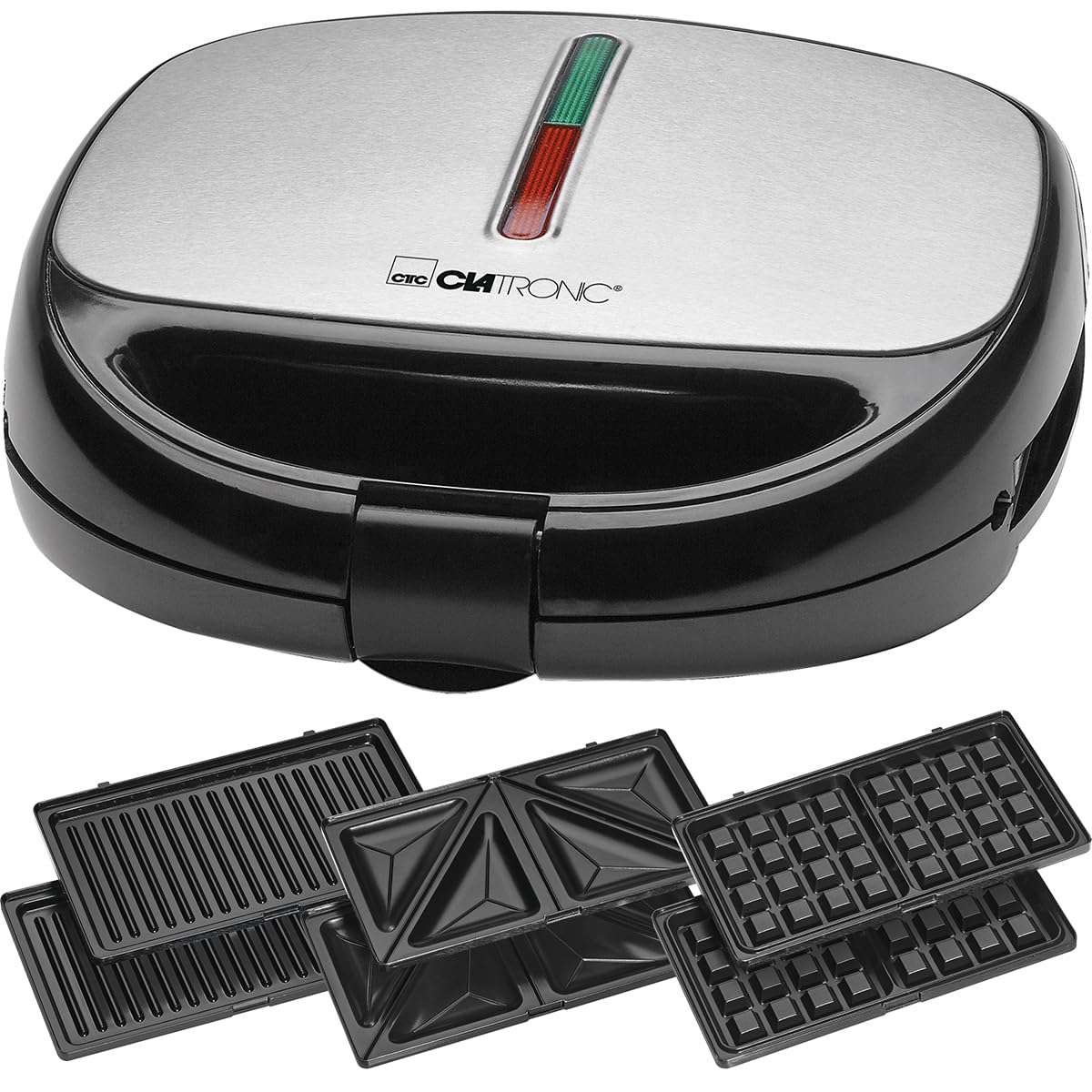 Apparecchio multifunzione Clatronic 3 in 1 | Tostapane per sandwich, piastra per cialde e grill a contatto | 800 Watt | Lavabile in lavastoviglie | Rivestimento antiaderente | ST/WA 3670