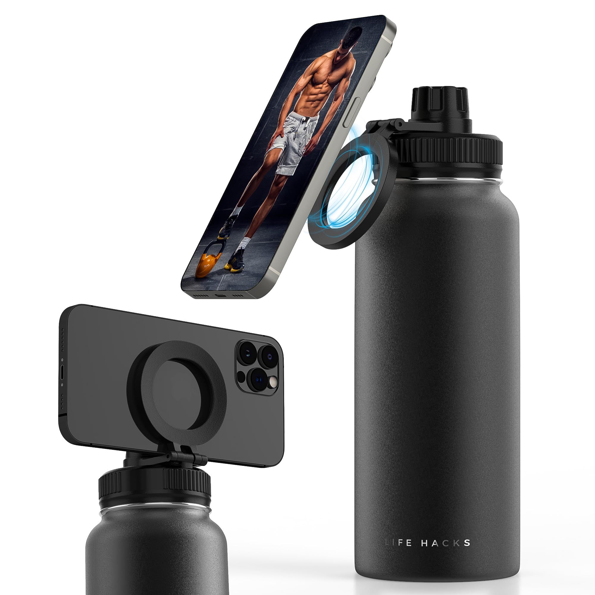 LIFE HACKSInsulated Water Bottle - Magnetic Phone Holder Bottle With Tripod Mount - Stainless Steel - Cold 24H, Hot 12H, 180° Rotate (Black, 32 Ounces)