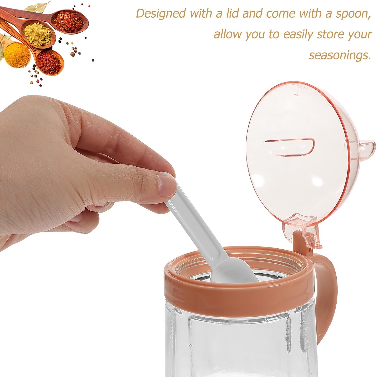 Hemoton Glass Salt Container with Lid and Spoon, Compact Design Seasoning Dispenser for Spice and Salt, Pink Glass Pepper Holder Keeps Spices Fresh for Kitchen and Picnic Tables