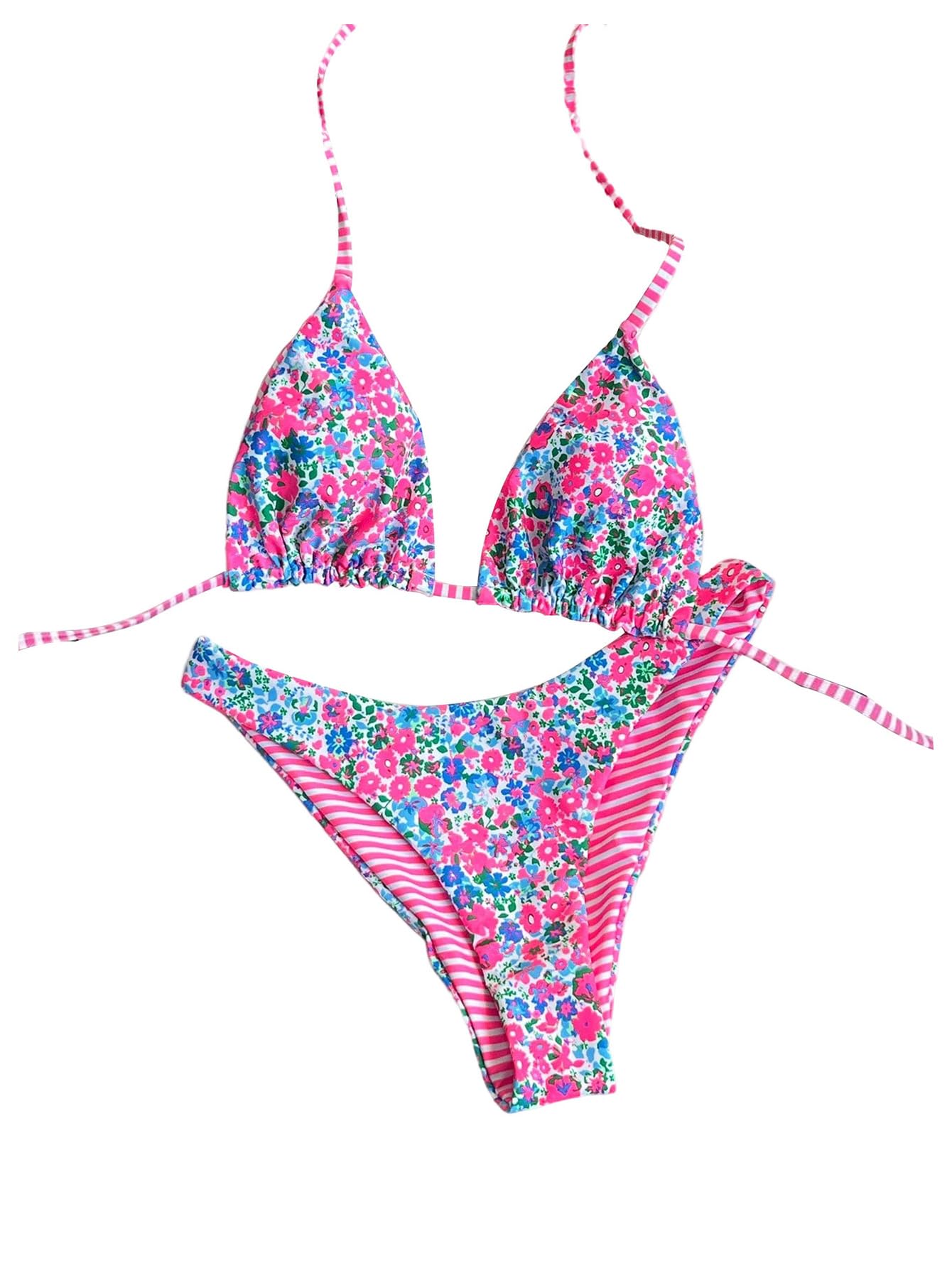 Damski Dwuczęściowy Zestaw Bikini W Kwiaty Paski Halter Stringi Strój Kąpielowy Z Wysokim Stanem Gorący Różowy Mały
