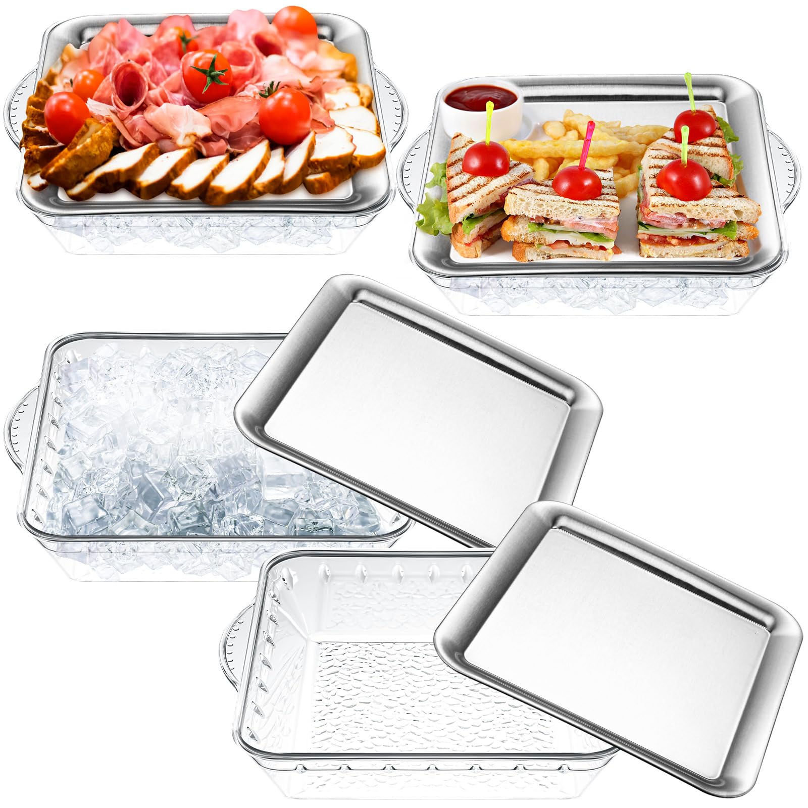 baderke 4 sets 9" chilled serving tray for parties with compartments square ice chilled charcuterie party platter serving cold dish for shrimp fruit seafood vegetable appetizer dish (natural)