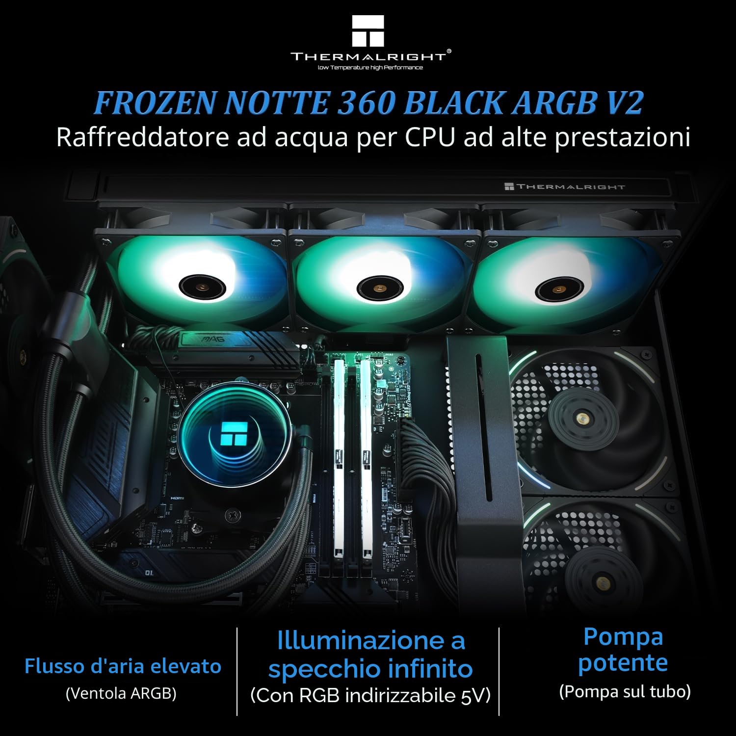 Thermalright Frozen Notte 360 BLACK ARGB V2- Raffreddamento ad acqua, 360 specifiche del radiatore CPU nero, 3 ventole PWM da 120 mm, adatto per AM5/AM4/Intel LGA 1700/1851/1150/1151/1200/2011