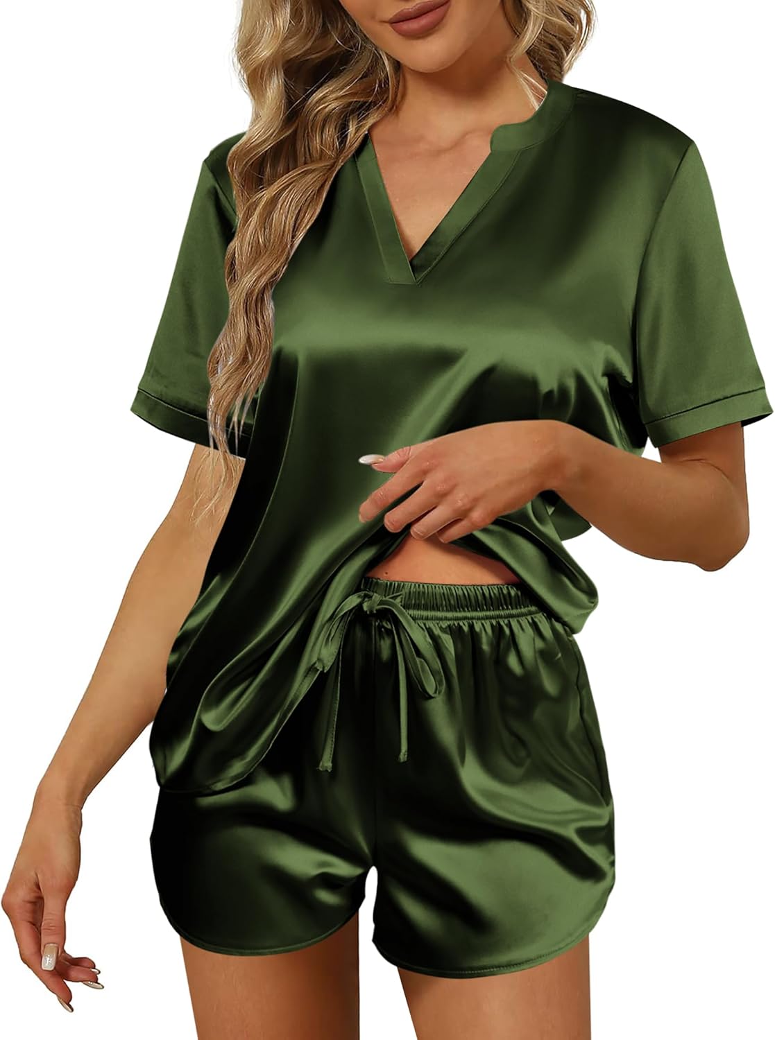 Ekouaer Silk Pajamas for Women Short Sleeve Satin Sleepwear Two-piece Pjs Set Soft V Neck Loungewear,S-XXL