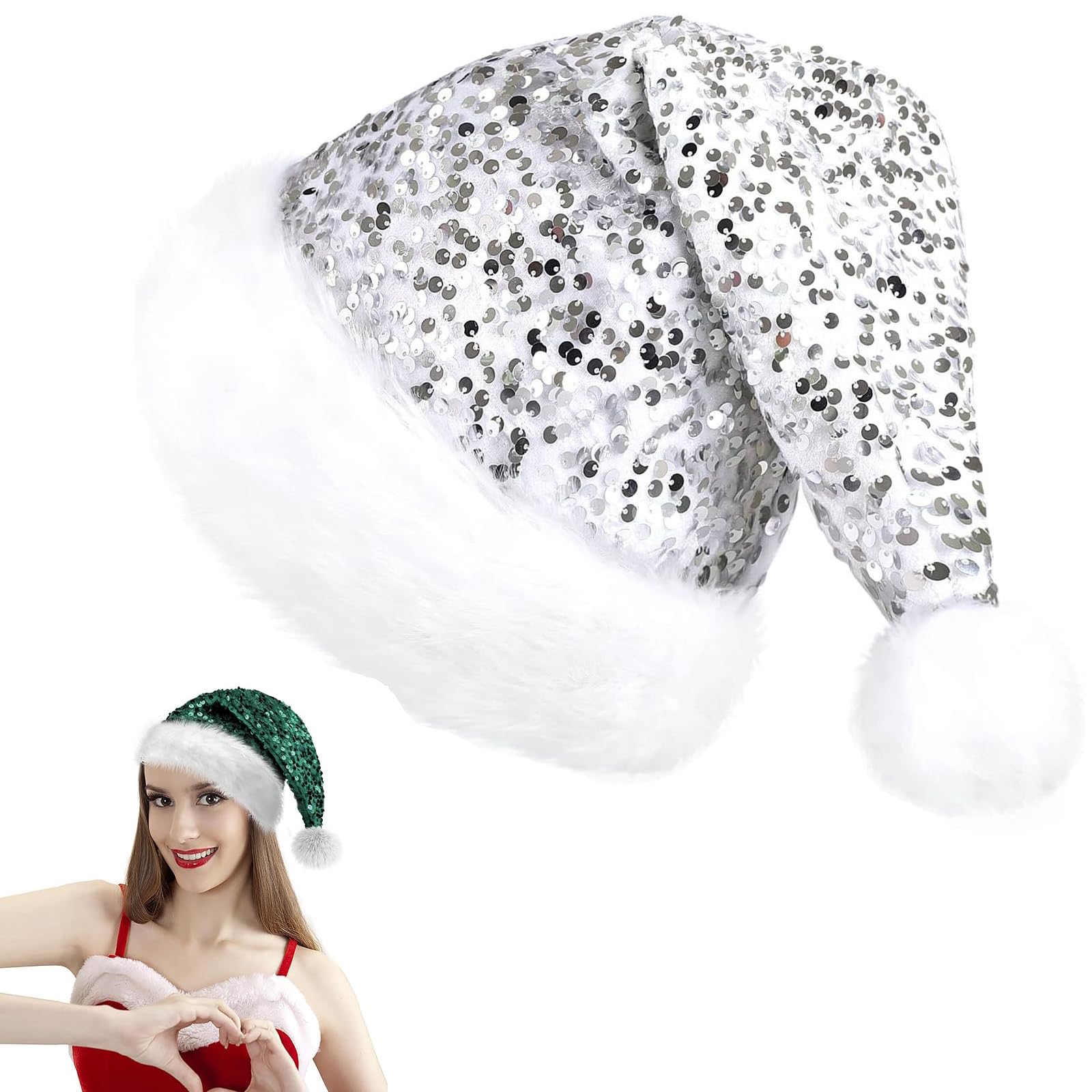 Silver Sequined Santa Hat - Shiny Unisex Soft Plush Deluxe Xmas Santa Claus Cap, Velvet Comfy for Christmas New Year Party, Fancy Dress, Xmas Tree Decorations Adults