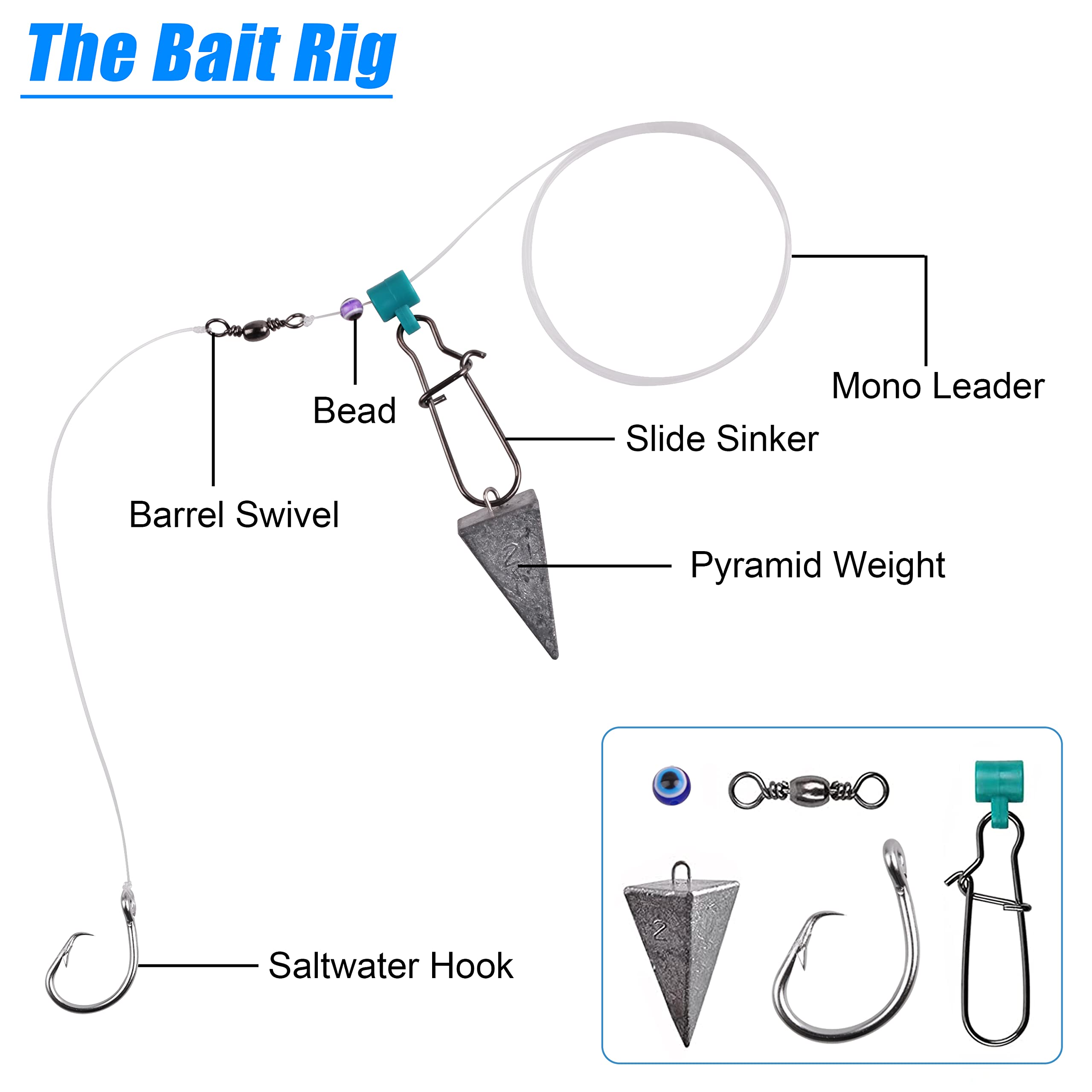 Surf Fishing Tackle Kit, 130pcs Saltwater Surf Fishing Rigs Fish Finder Rig Live Bait Rigs Include Fishing Leaders Pyramid Sinker Weight Sinker Slider Fishing Hooks Swivels Surf Fishing Accessories