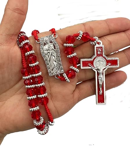 Miniatura 6 de Collar de crucifijo de rosario católico con cuentas de cristal San Judas Recuerdos de Bautizo Comunión Regalos religiosos (St Judas Rojo)