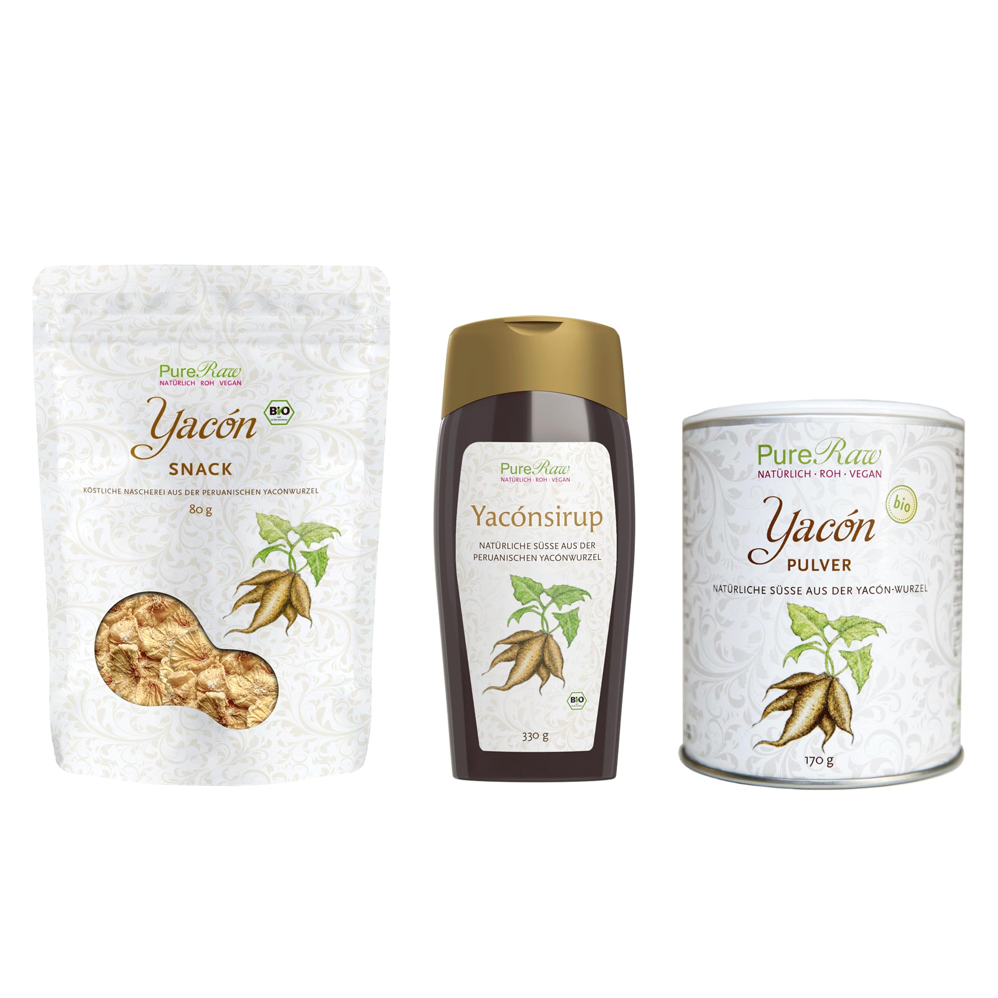 Bio Yacon 3er Set - Yacon Sirup 330g, Yacon Pulver 170g & Yacon Snack 80g PureRaw - reich an Ballasstoffen, frei von Zusatzstoffen, vielfälltig Verwendbar I PureRaw