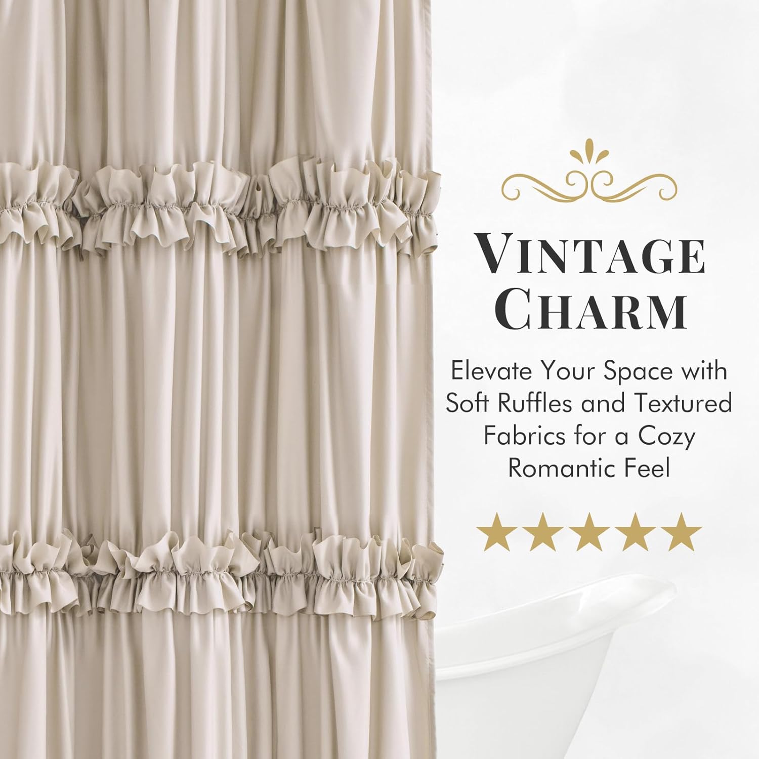 Seasonwood Beige Shower Curtain Elegant Ruffle Shower Curtain with Ruched & Bow Vintage Farmhouse Shower Curtains for Bathroom Boho Bathroom Decor(Beige,72x72 Inches)