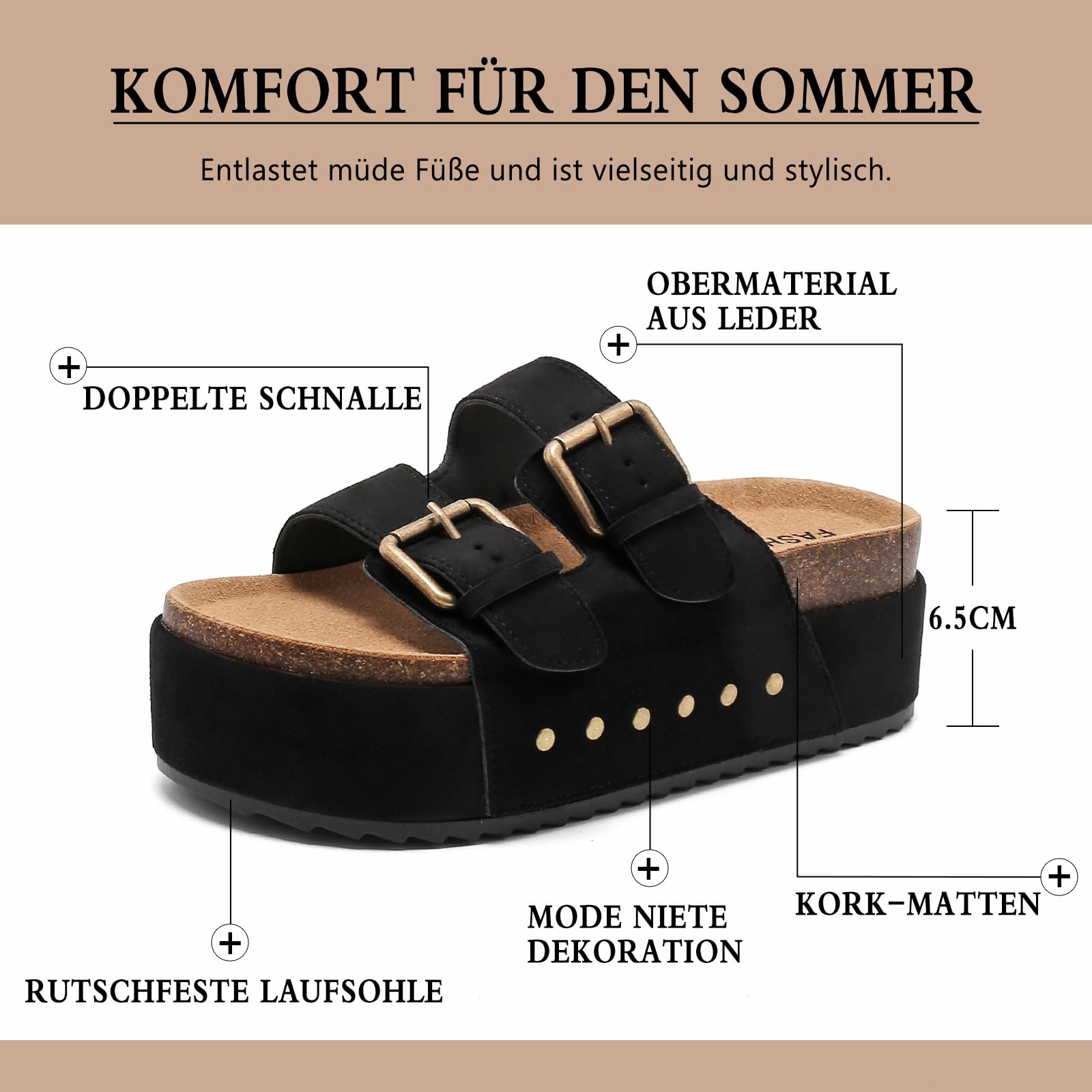 Foinledr Ciabatte Donna Estive Sandali Sughero Plantare Doppia Fibbia Moda Mules Clogs Sandali Antiscivolo Gomma Suole Pantofole Spiaggia Scarp Comfort da Casa