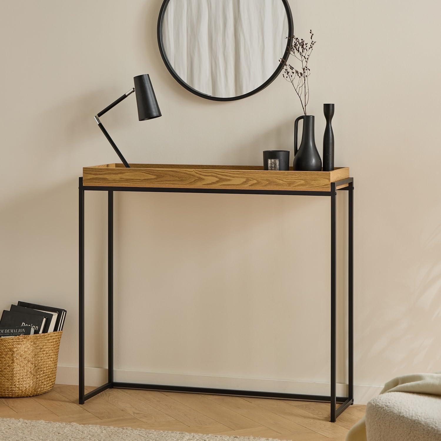 Calicosy – Console d'ingresso Jessie con vassoio a bordo e gambe in metallo nero – elegante design industriale – lunghezza 100 cm – mobile portaoggetti e decorazione