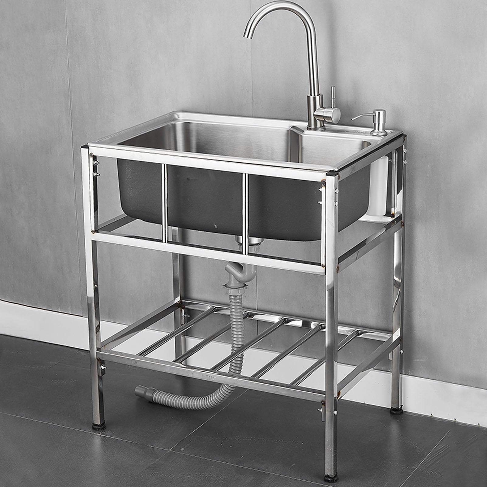 TAXXII Mobile Single Bowl Sink Commercial Stainless Steel Freestanding Outdoor Portable Camping Utility Sink,Multifunction 1 Compartment Washbasin,for Laundry,Backyard (68x44x75cm)