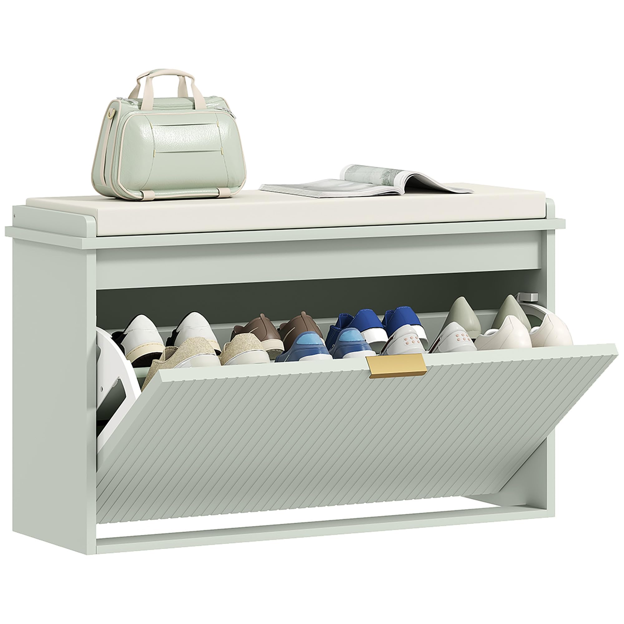 Rackhams Green Shoe Storage Bench With Cushion And Flip-Drawer 80X26x47.5cm