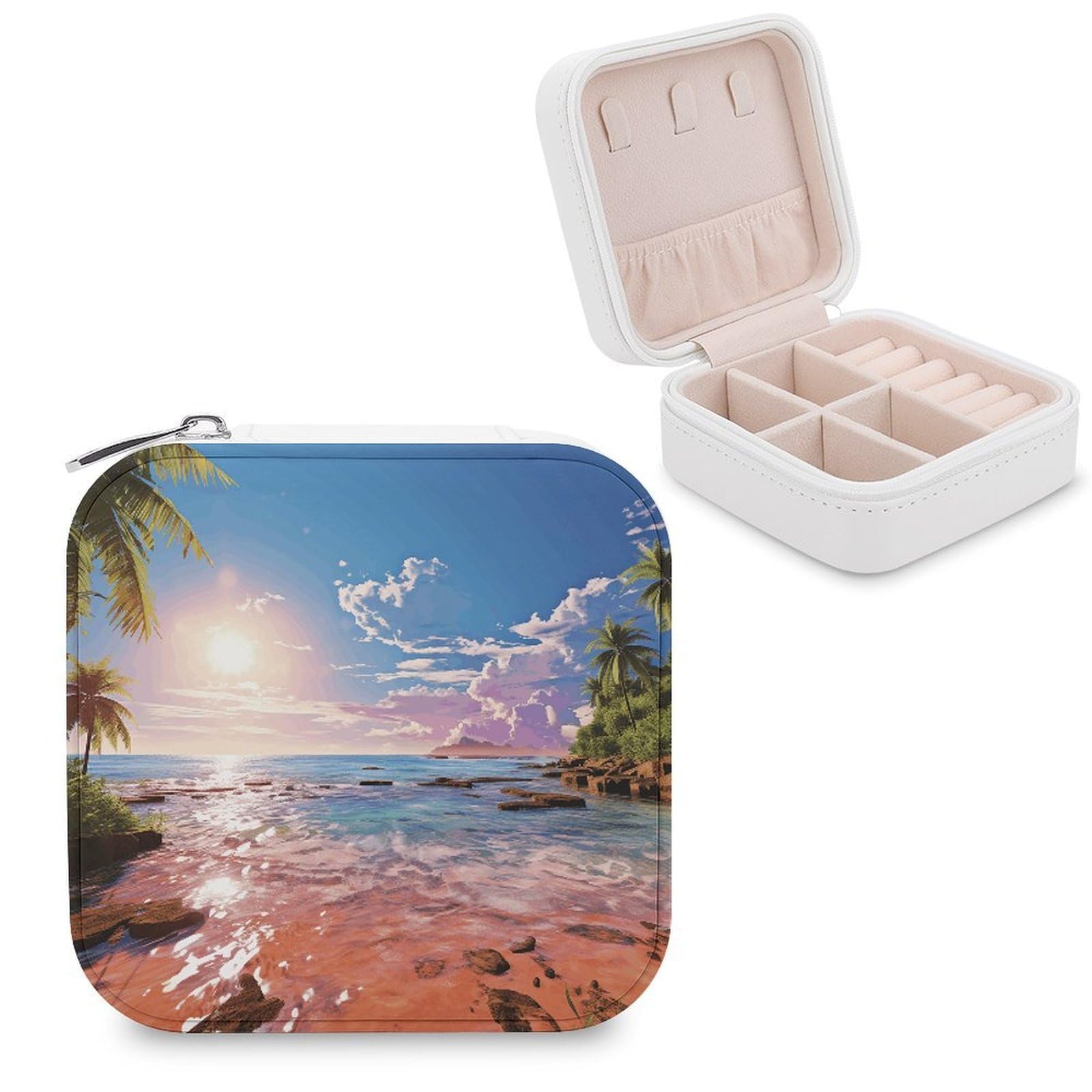 VstaDank Summer Beach with Palm Trees Jewelry Box for Women Custom Travel Jewelry Case Personalized Travel Jewelry Boxes Small Portable Jewelry Organizer Box for Rings Necklaces Bracelets Earring