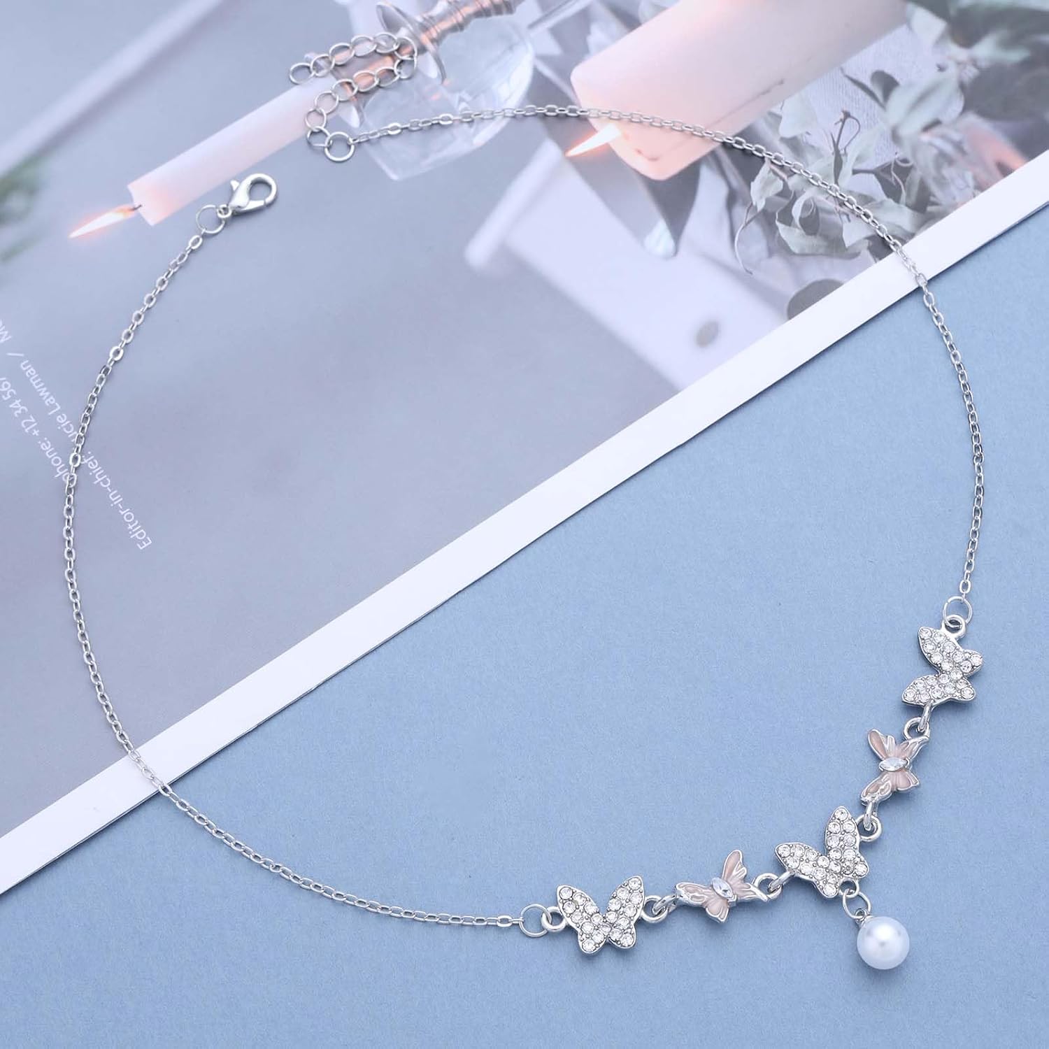 Bohemian Crystal Butterfly Choker Necklace Pearl Butterfly Pendant Necklace Silver Cz Butterfly Collar Necklace Round Pearl Butterfly Necklace Jewelry for Women - Image 4
