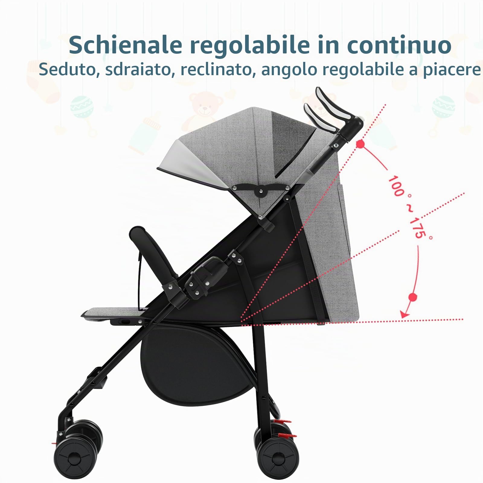 Ingenious - Passeggino a canna compatto, con posizione allungata, dalla nascita ai 4 anni (fino a 25 kg), seduto o sdraiato, maniglia regolabile, carrozzina a 4 ruote con tappetino in cotone +