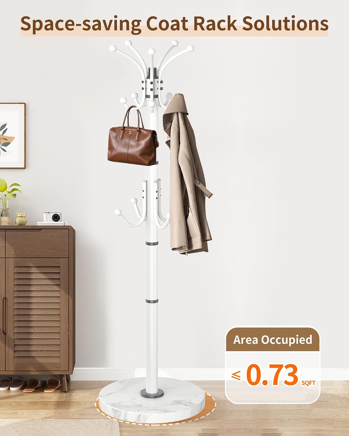 EZIVIEZ Modern Coat Rack Stand, 360° Rotary Metal Freestanding Coat Rack with Natural Marble Base, Black Coat Racks and Coat Hanger Tree Jacket Stand with 14 Hooks for Office, Entryway, Hallway