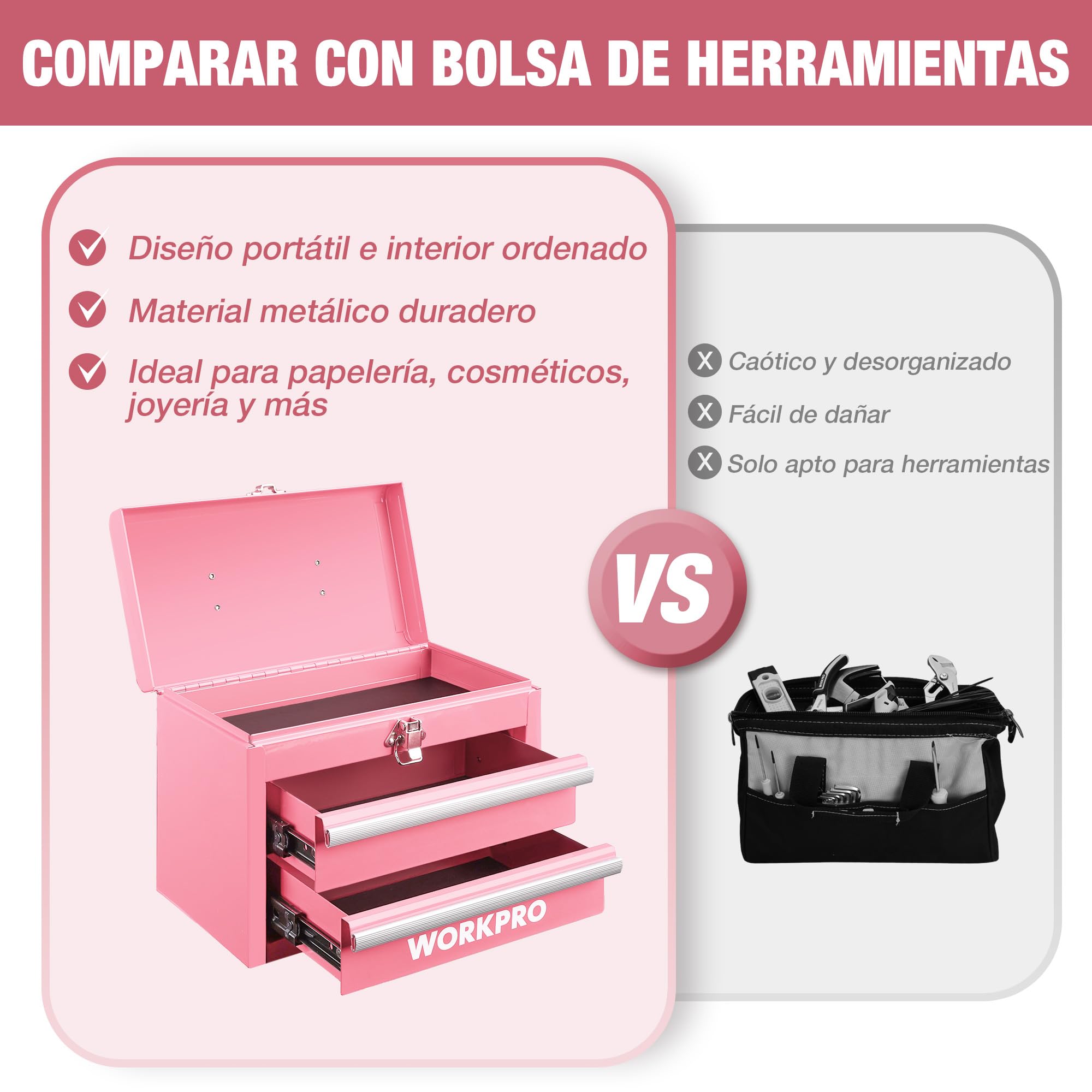 WORKPRO Maletín de Herramientas Metálico con 2 Cajones, Organizador Portátil Pequeño con Asa y Cerradura, Caja de Herramientas para Uso Doméstico, Oficina y Taller - Rosa