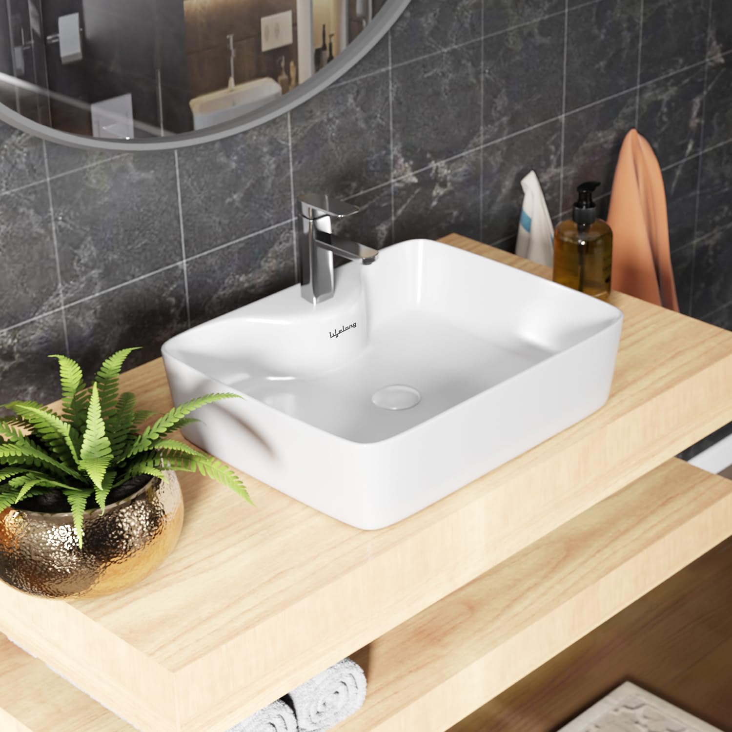 Lifelong Wash Basin for Bathroom - Tabletop Washbasin - Ceramic Glossy Round Countertop Vessel Sink Ideal for Bathroom, Dining Hall & Vanity 33x46x15 cm (White, LLHIPB02) (B0D7M3T58D) Amazon Price History, Amazon Price Tracker