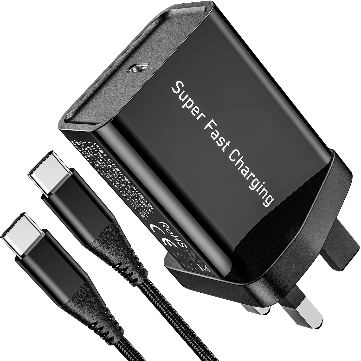 25W USB-C Super Fast Charger Plug for Samsung S22 S23 Plus Ultra/S21 FE/A52 A52S A34 A14 A15 A05S A55 A23 A71 A72 M53 5G/iPhone 15/15 Pro/15 Pro Max,PD 3.0 UK Charging Adapter/Charge Block With Cable