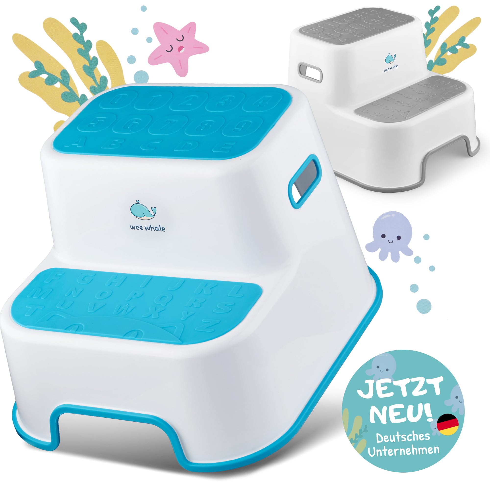 Tritthocker Kinder 2 Stufen [rutschfeste OBERFLÄCHE] - Hocker Kinder mit pädagogischem Mehrwert - Kinderhocker Badezimmer, Kindertritt für Waschbecken, Badhocker Kinder (Grau)