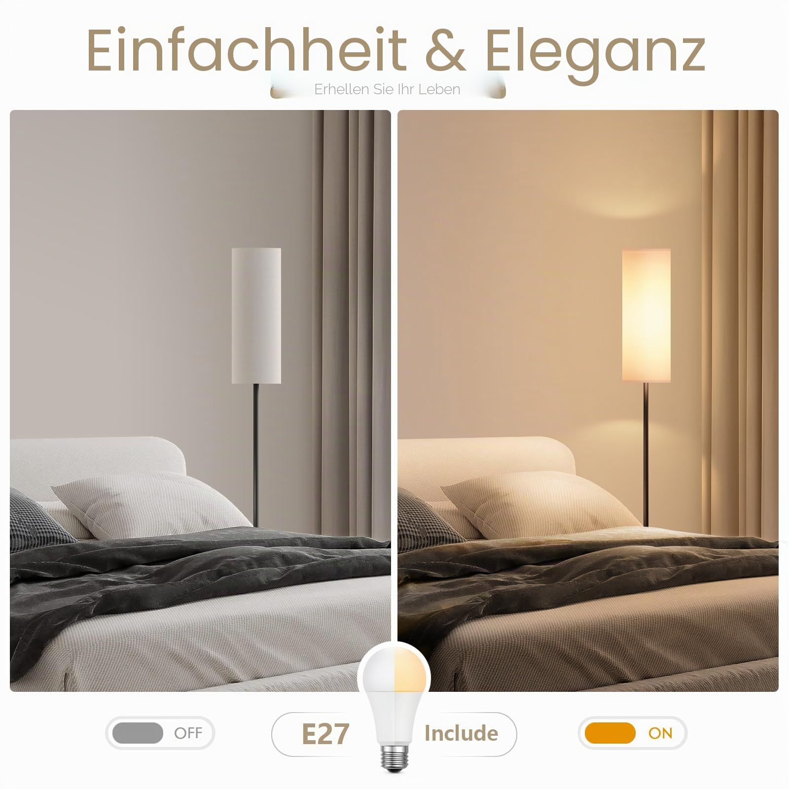 9W LED Stehlampe, Stehlampe Wohnzimmer Dimmbar, Stehleuchte mit 3 Farbtemperaturen, E27 Leselampe Standleuchte mit Leinen Lampenschirm & Fußschalter, Vintage für Schlafzimmer, Weiß