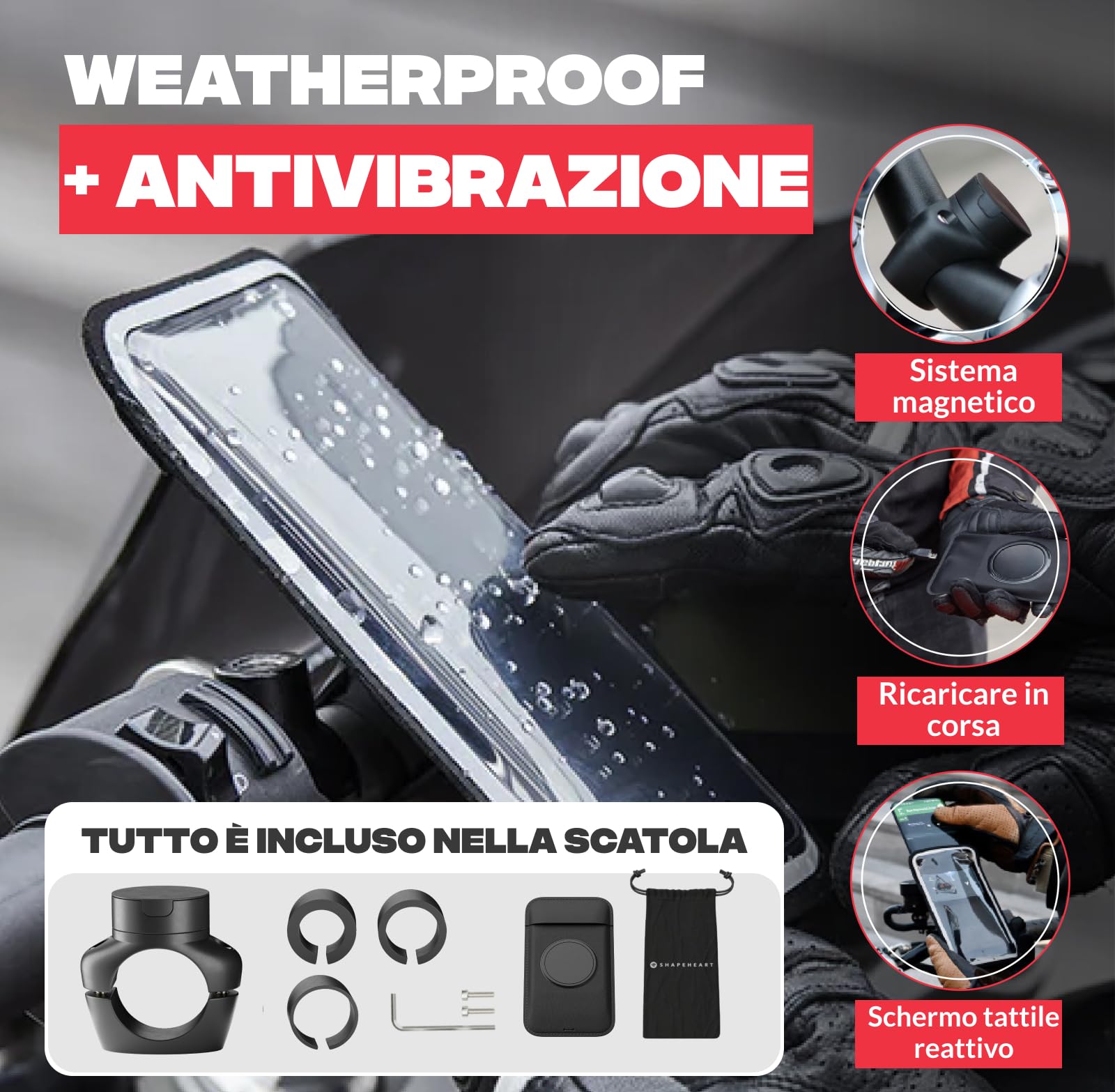 Shapeheart - Supporto magnetico per telefono da moto Pro, antivibrazione, supporto impermeabile per manubrio moto, orientamento a 360°