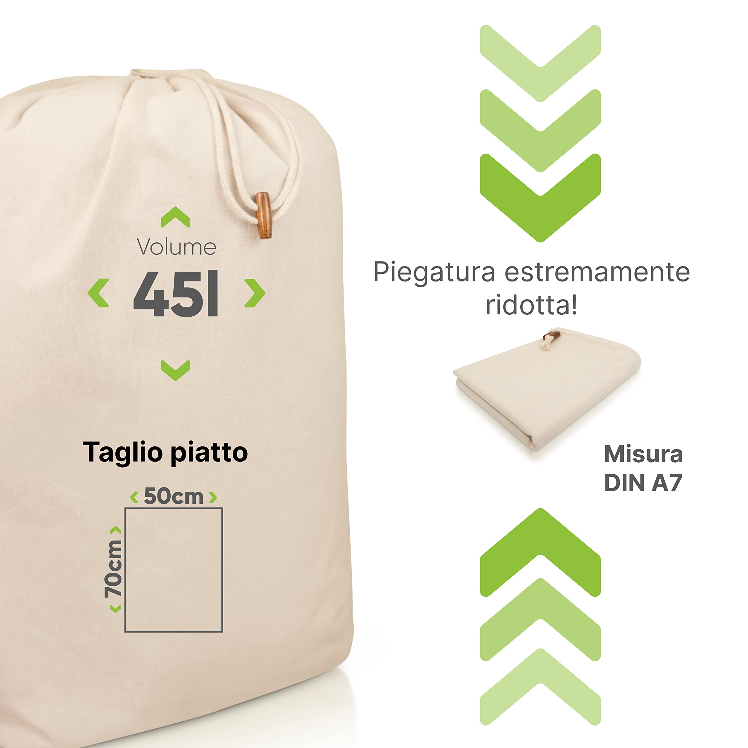 Sacchetto per bucato, set da 2 50 x 70 cm - Resistente sacco per biancheria da viaggio da 45 l, 100% cotone [certificato Öko-Tex], sacchetti per bucato, grande borsa in tessuto, borsa per
