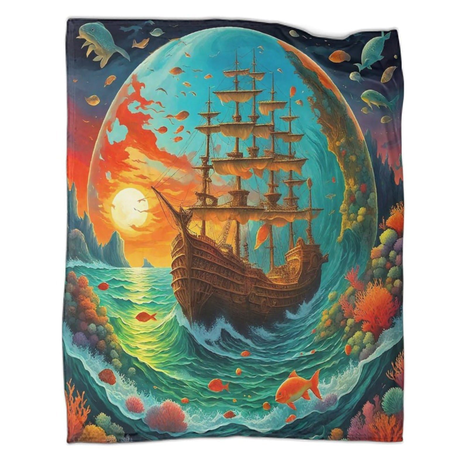Couverture flanelle 3D navire grand plaid cocooning pour soirée cinéma en famille