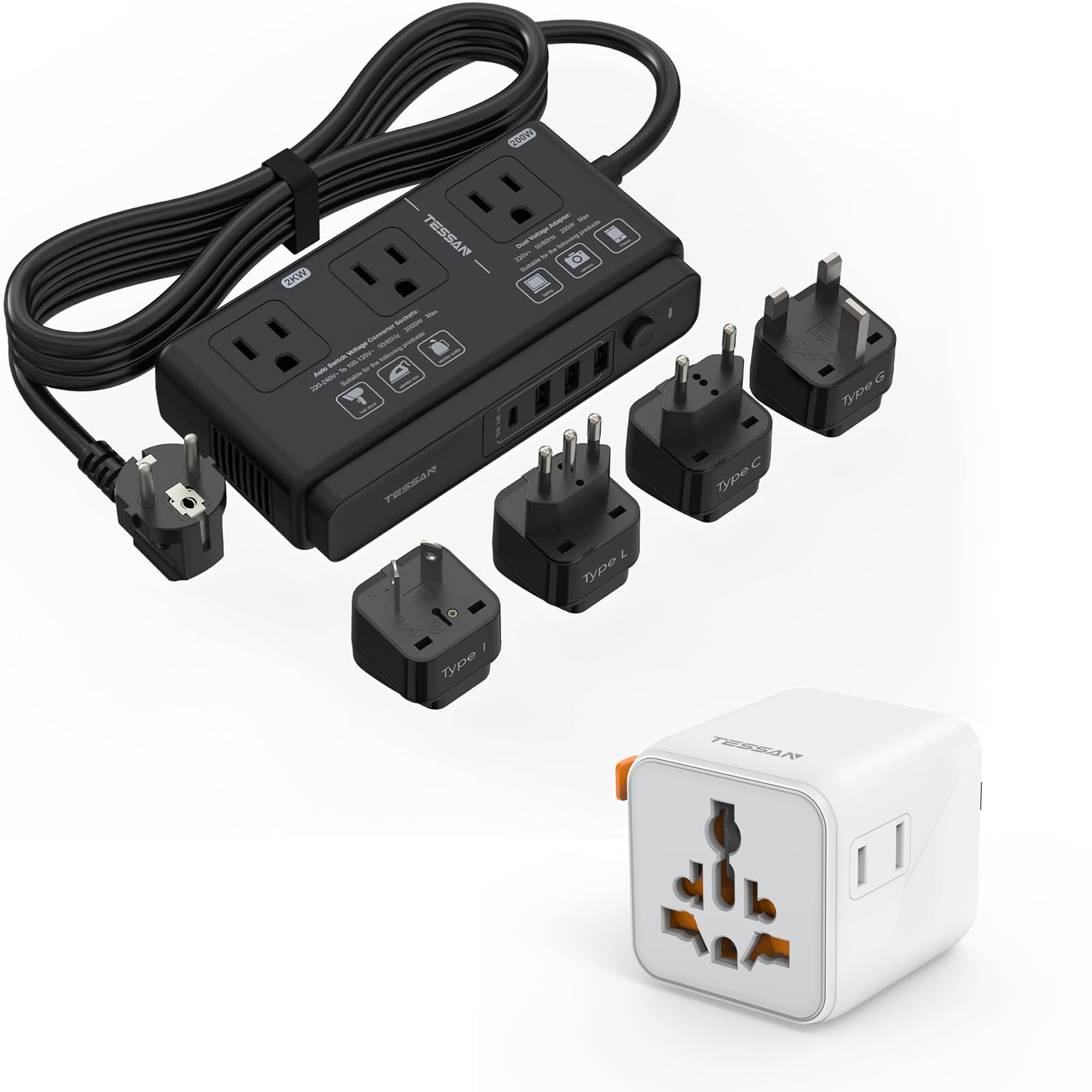 TESSAN Universal Travel Adapter with Dual AC Outlet (Type C G A I) and 220V to 110V Voltage Converter with 4 USB Ports (1 USB C), 3 AC Outlet and EU UK AU IT Plug Power Adapter