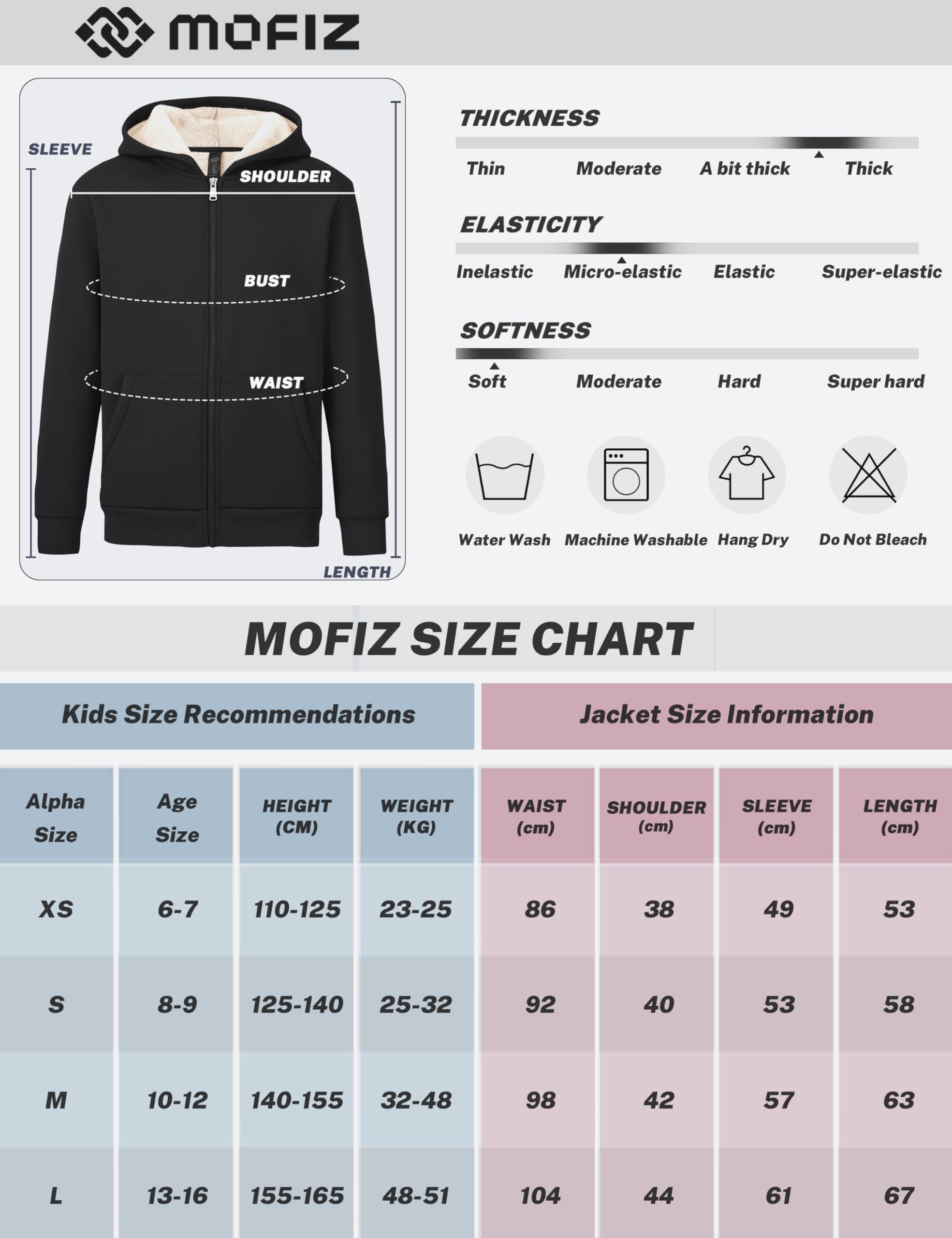 MoFiz Zimowa bluza z kapturem dla dzieci i młodzieży ciepła kurtka polarowa płaszcz z długim rękawem z zamkiem błyskawicznym i kieszeniami dla 6-18 lat
