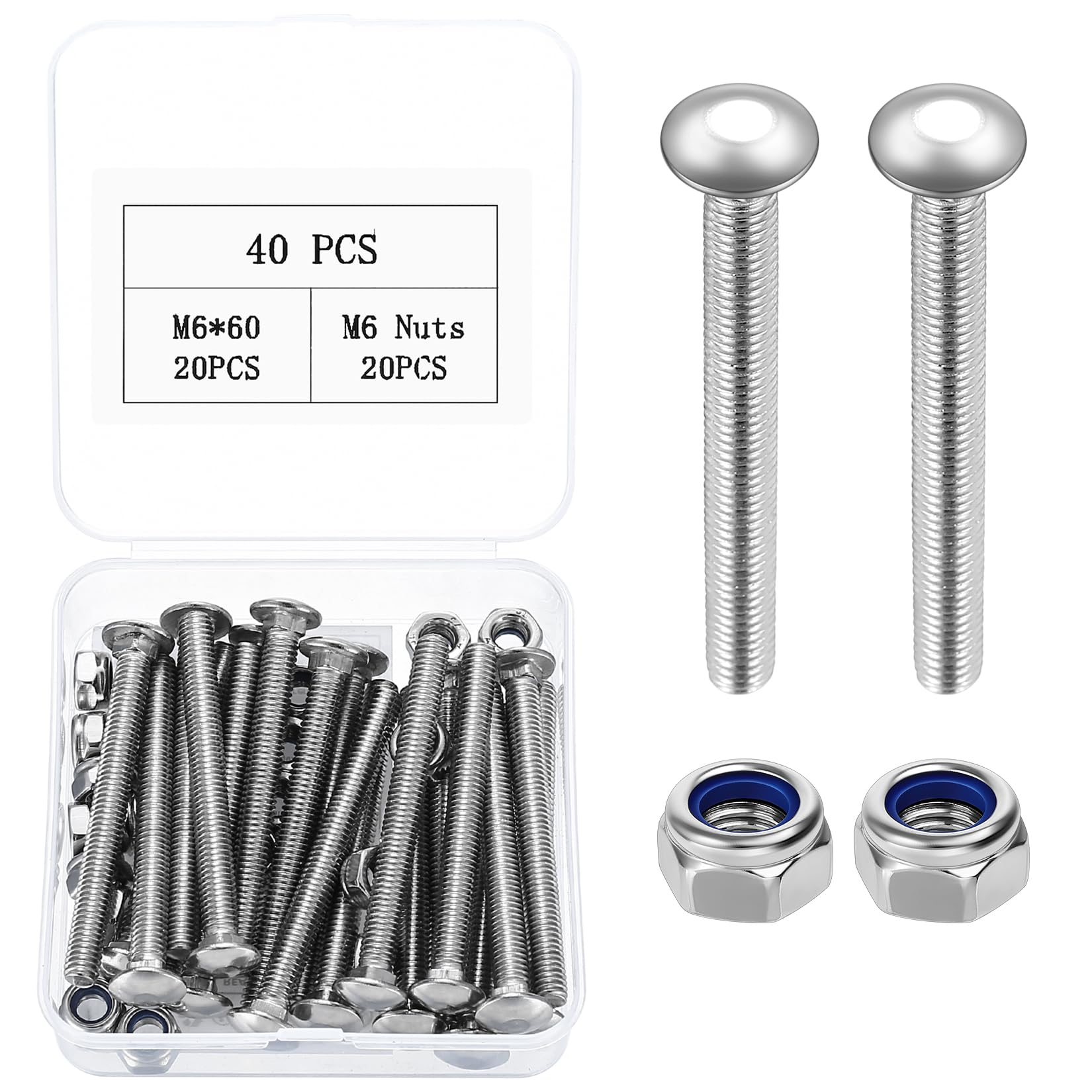 M6 Coach Bolts, 40 Pcs Cup Square Carriage Bolts and Nuts Set, M6 x 60mm Coach Screws, Coach Bolts with Hex Nuts, Long Bolts, Carbon Steel