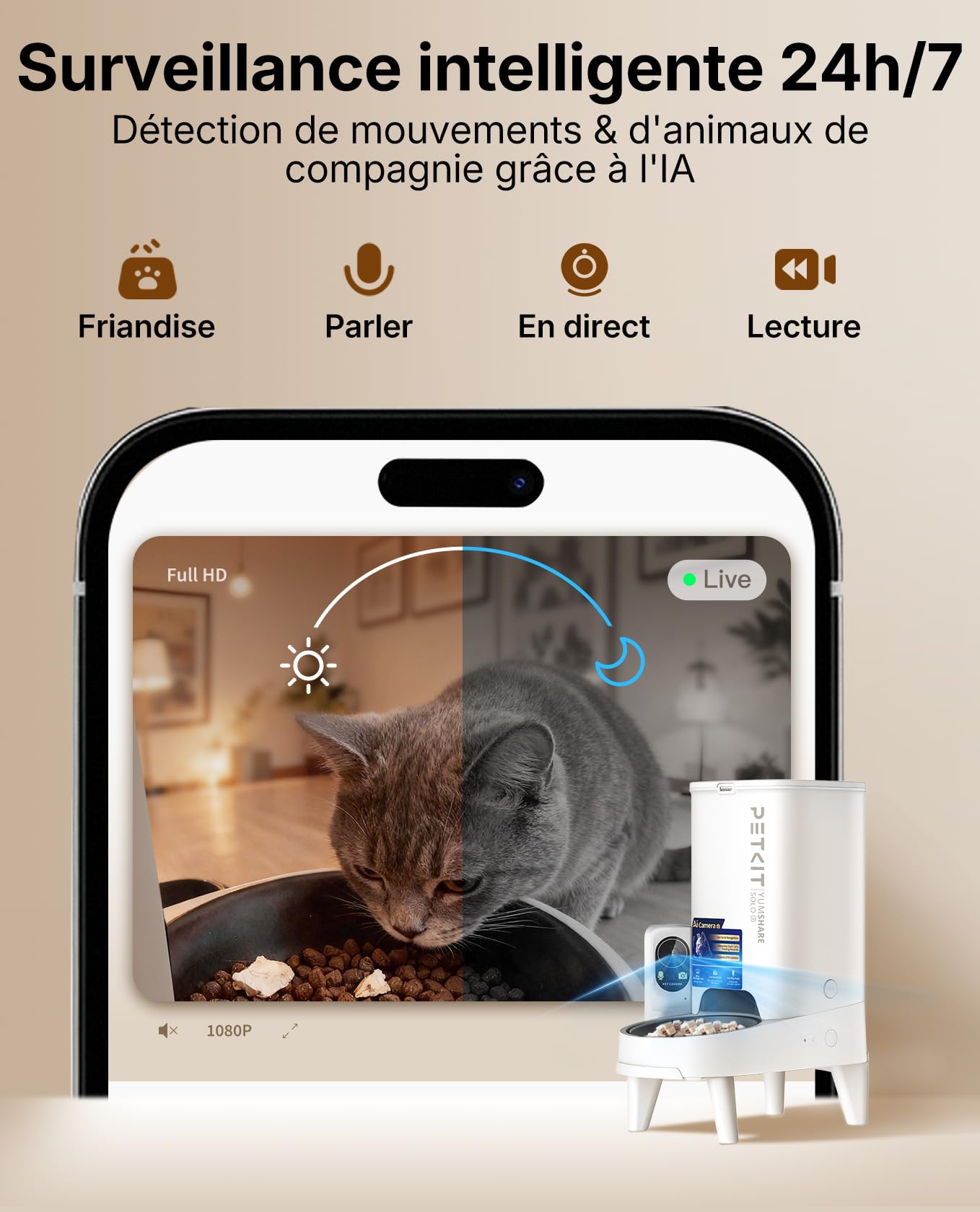 PETKIT YumShare Solo 2 Distributeur Croquettes Chat Automatique avec Caméra, Reconnaissance faciale Multi-Chats, WiFi 2.4 GHz & 5GHz, Vision Nocturne, Contrôle Via App, Jusqu'à 5 Repas par Jour