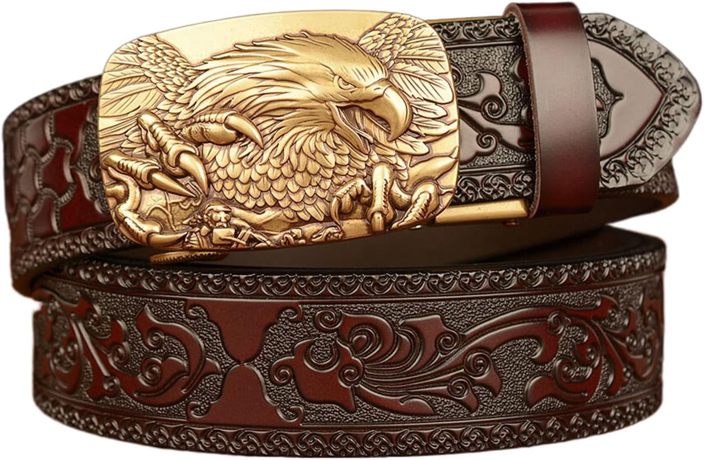 Western Denim Belt,Carved Flower Eagle Head Buckle Genuine Leather Belt for Men Women Personality Jeans Belt,Brown a,120CM/47.3''