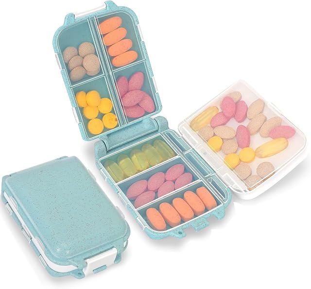 Skycase Pill Organizer, [2 Pack] Pill Cases, [Folding Design] Weekly Pill Case Organizer Box 7 Day, 8 Compartments Portable Travel Pill Box for Pocket Purse Medicine Vitamin Holder Container, Blue