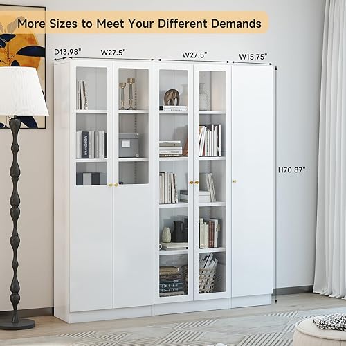 Miniatura 8 de IRONMIX Estantería blanca con puertas, estantería de 5 niveles, estantería alta con almacenamiento, vitrinas modernas para coleccionables, vitrina