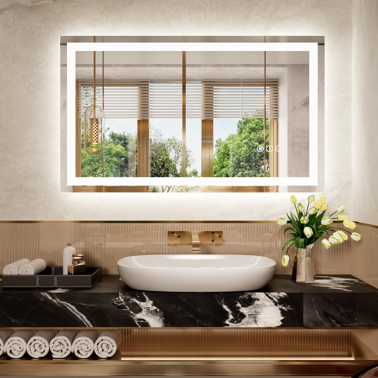 Snowdool Bathroom Mirror with LED Lights, 60x90cm Illuminated Backlit Wall-Mounted Vanity Mirror, Dimmable Switch 3 Colors, Anti-Fog, HD Tempered Glass, IP44 Waterproof, Horizontal/Vertical