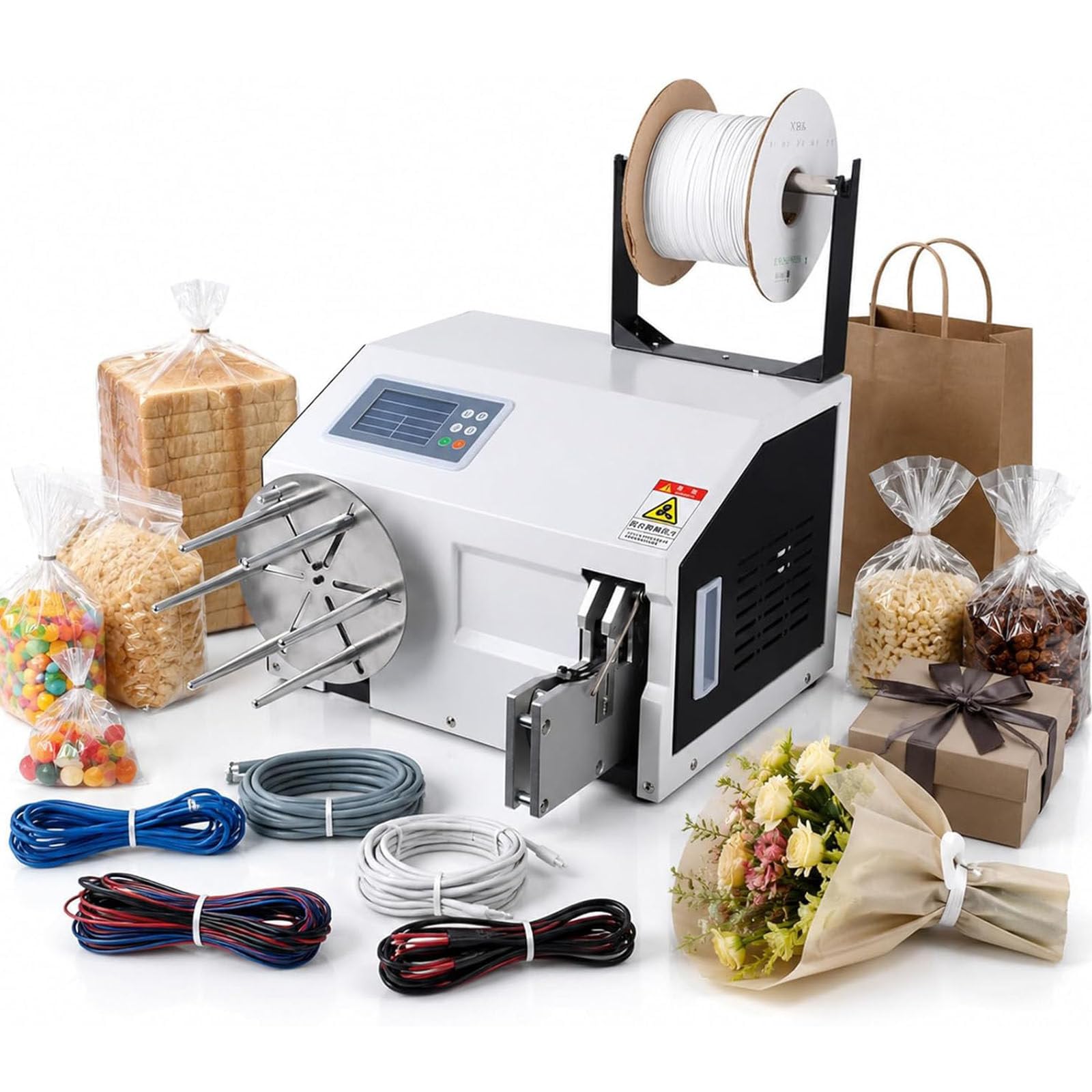 HaiZethonic Automatic Winding Machine Bundling Machine,Lcd HD Control Panel, 1 Second/Sealing, Bundle Diameter 5-30mm,With Includes Tying Wire,For Power Cords,Bread Bag Bundlingwinding TypeB