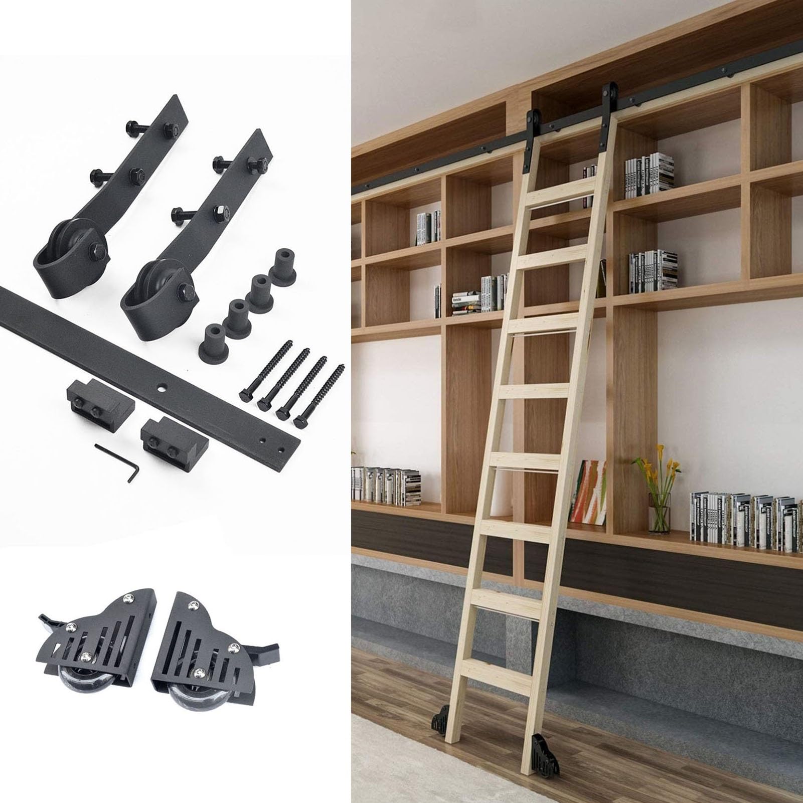 KAZUP Rustikale Schwarze verschiebbare Bibliotheksleiter-Hardware, rollendes komplettes Schienen-Set, Bodenrolle mit Bremse (Keine Leiter), robuste Stahl-Gleitleiter-Hardware