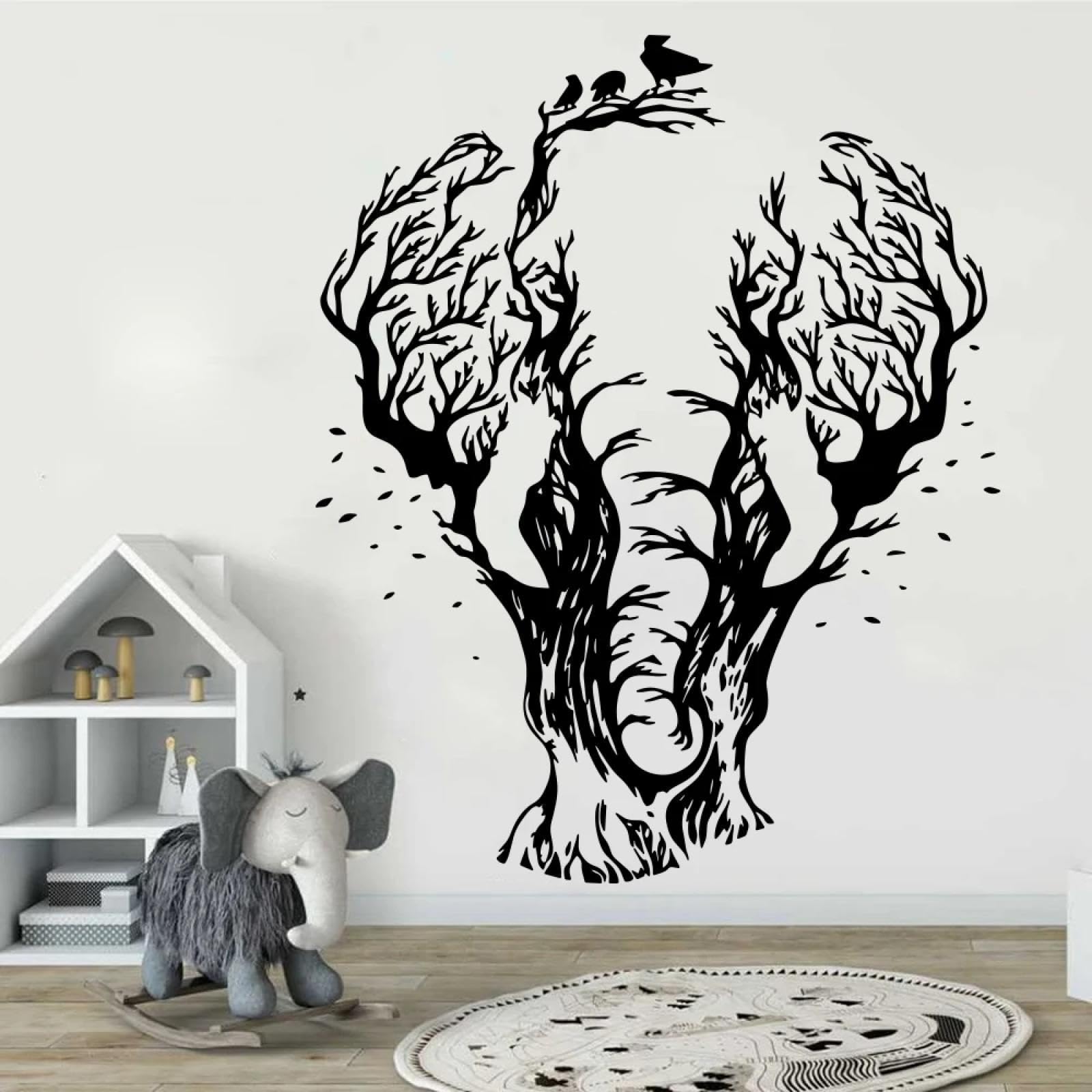 YOUOUSI African Woodland Forest wall Stickers, Zoo Elephant Abstract Tree Flying Bird wall Stickers, playroom Children's Room Art Decals